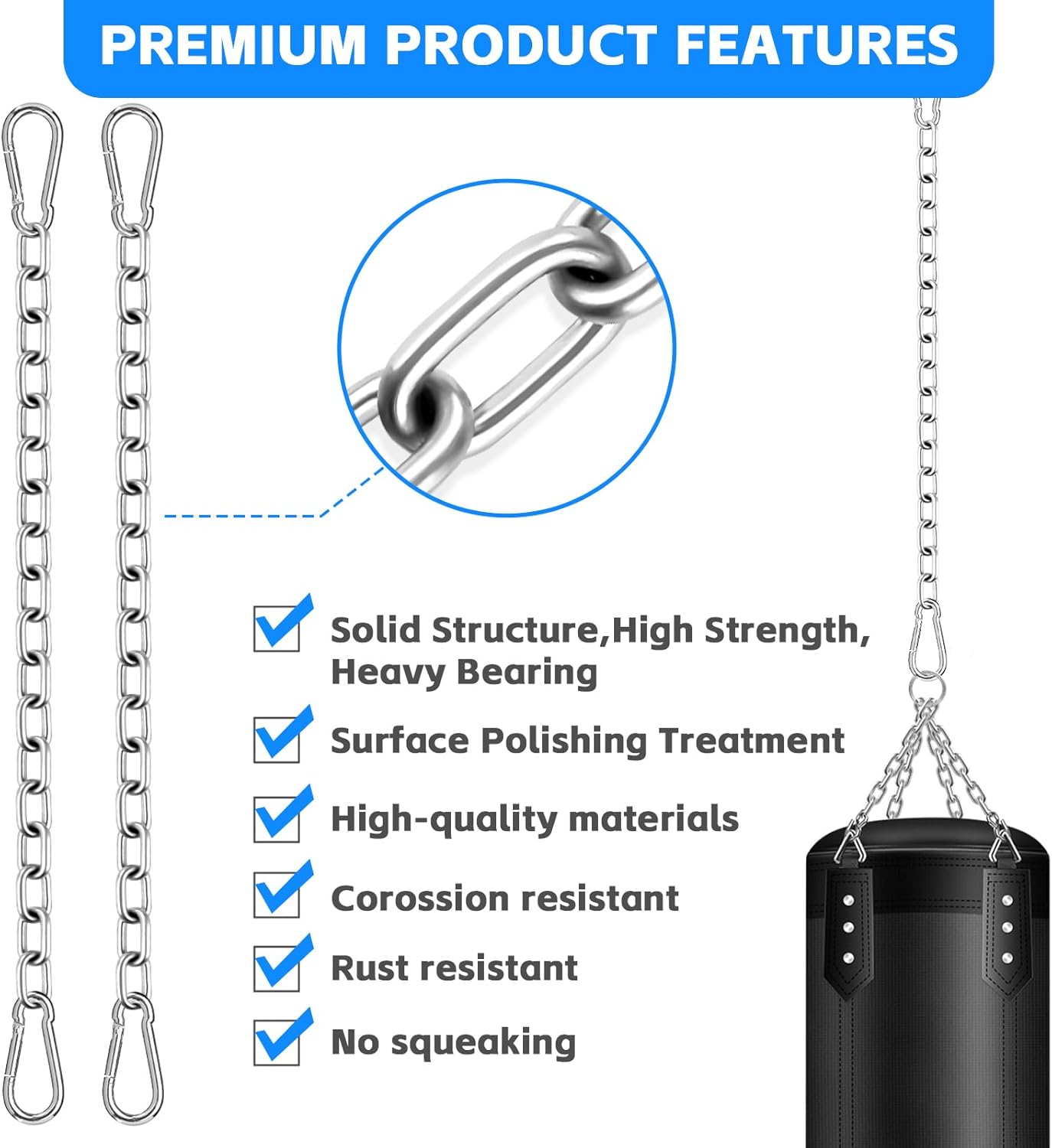 Heavy Duty Stainless Steel Chains, 550LB Punching Bag Chain with Carabiners, Heavy Bag Chain for Boxing Punching Bags Hanging Chair Hammocks Swing Trapeze Yoga - Image 3