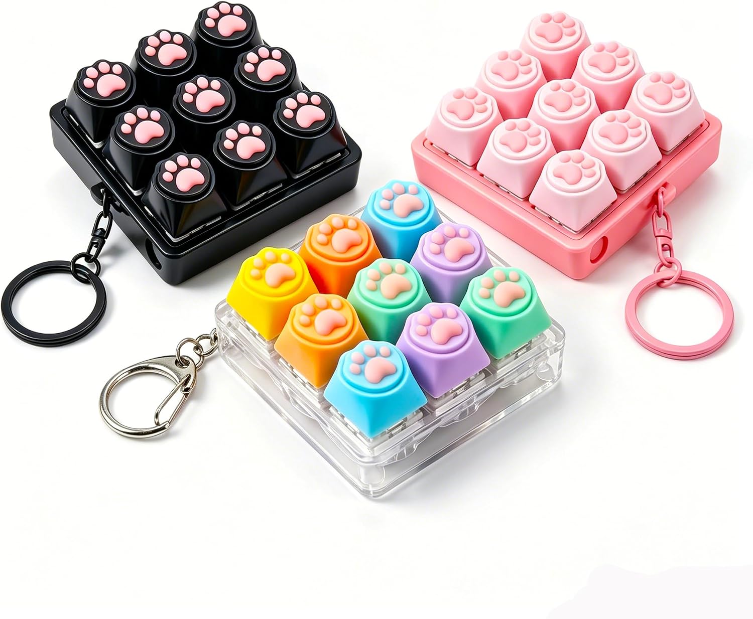 3 Pack Keyboard Fidget Keychain, Cat Paw Clicker Toys for Kids & Adults | 9-key cat paw keyboard clicker, stress & anxiety relief sensory fidget, cute portable decompression keychain gifts for 3+