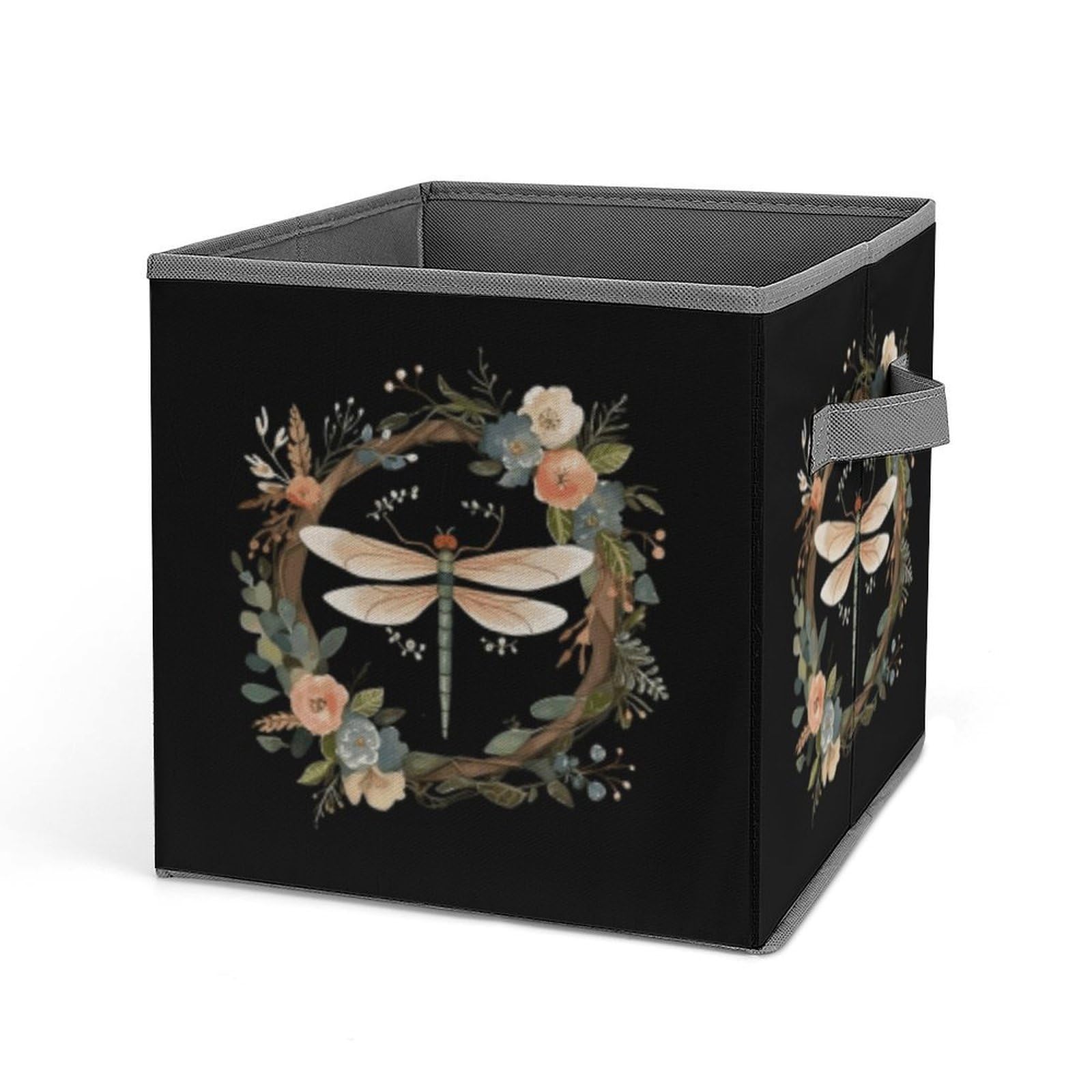 JTREHY Image of Dragonfly in Wreath Storage Bins Sturdy Large Capacity Folding Sorting Boxes Convenient Stable Storage Box Collapsible Fabric Storages Cubes Organizer with Handles