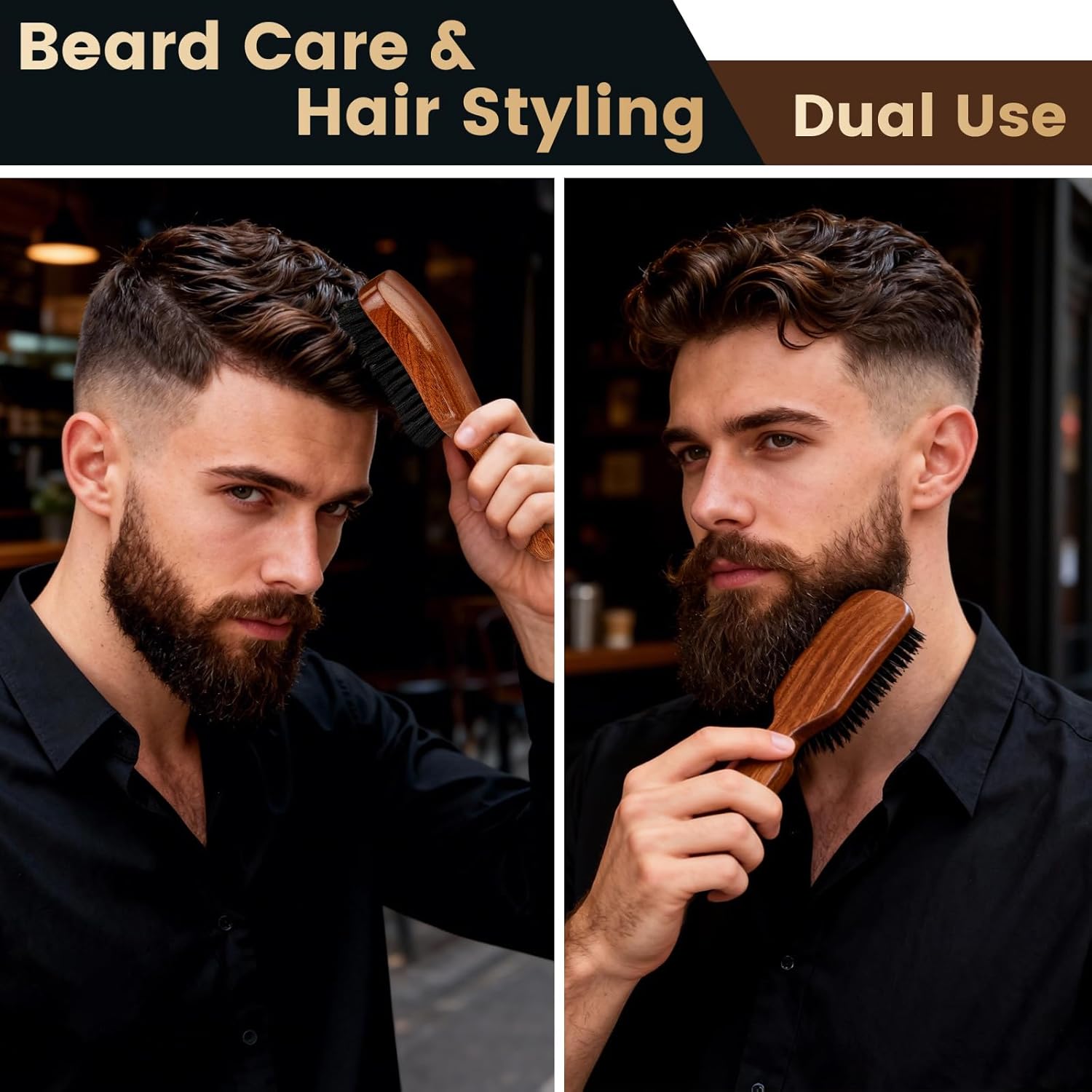 Beard Brush for Men, Natural Boar Bristle Sapele Wood Brush for Beard and Hair, Men's Grooming Kit with Pocket Beard Comb for Facial Hair Styling, Growth, Shine