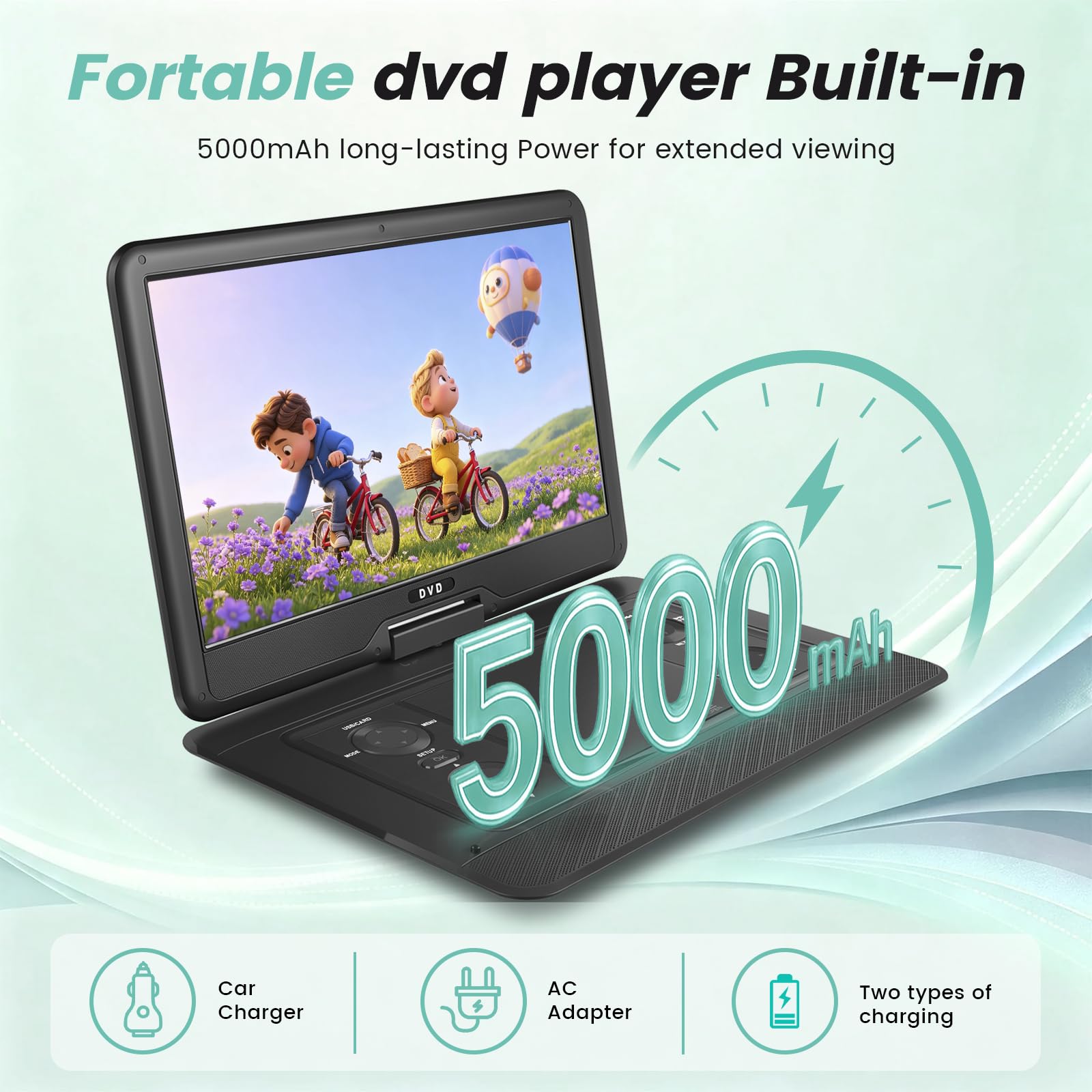 Lettore DVD portatile da 17,5 pollici per bambini, grande schermo HD da 15,6", batteria ricaricabile per 5 ore, supporto USB/scheda SD/sincronizzazione TV e più formati di dischi, altoparlante alto