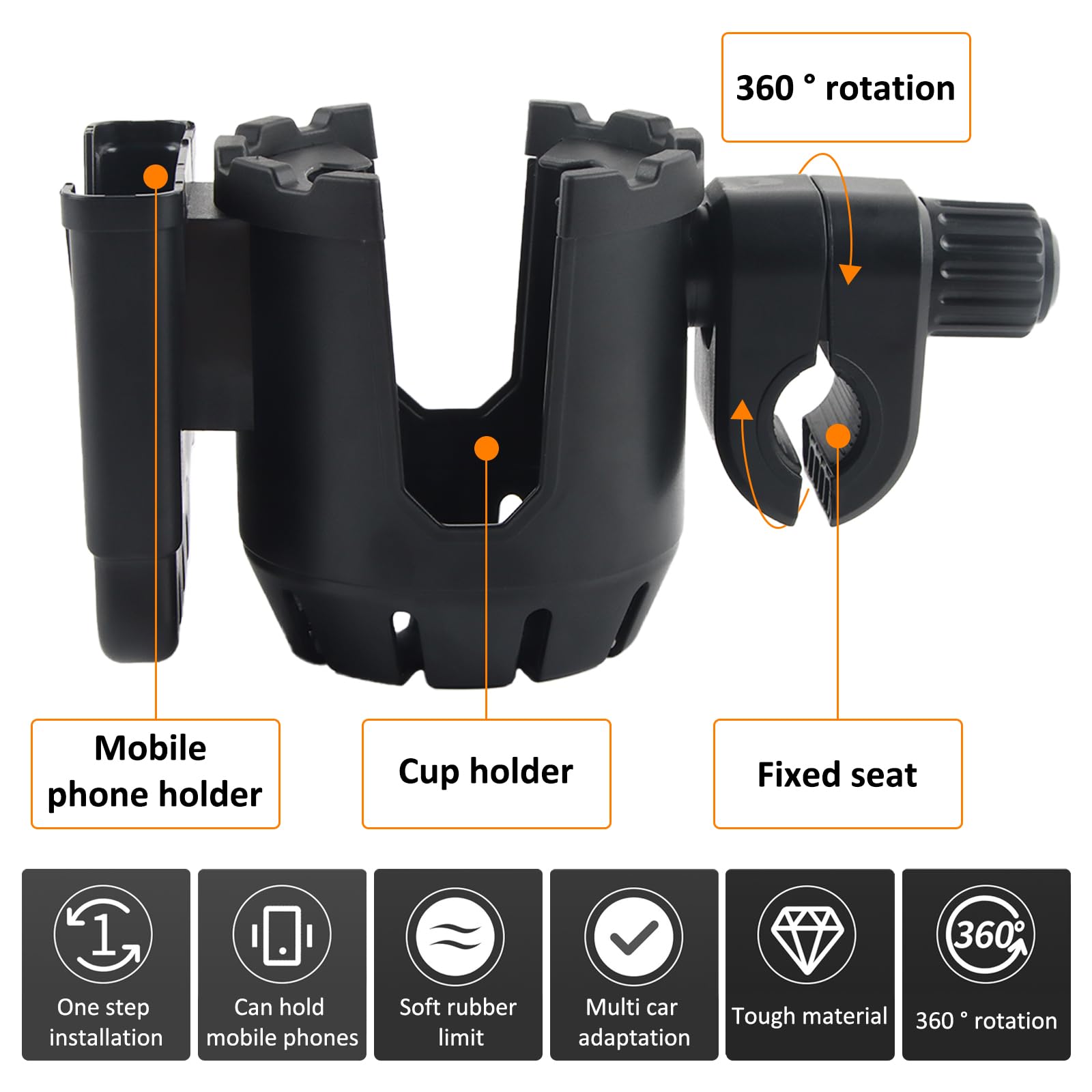 Porte-gobelet Poussette Avec Support Téléphone – Universel, Rotation 360°, Fixation Scratch, Noir