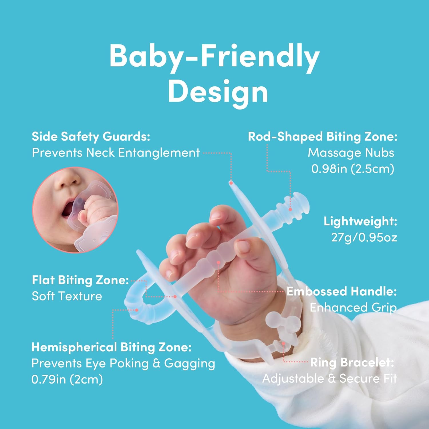 Premium Baby Hand Teether – Soft & Hygienic Soothing Aid for Teething Discomfort in Babies 3-12 Months, BPA-Free LSR Silicone, Adjustable Wristband, Easy to Clean, Made in Korea