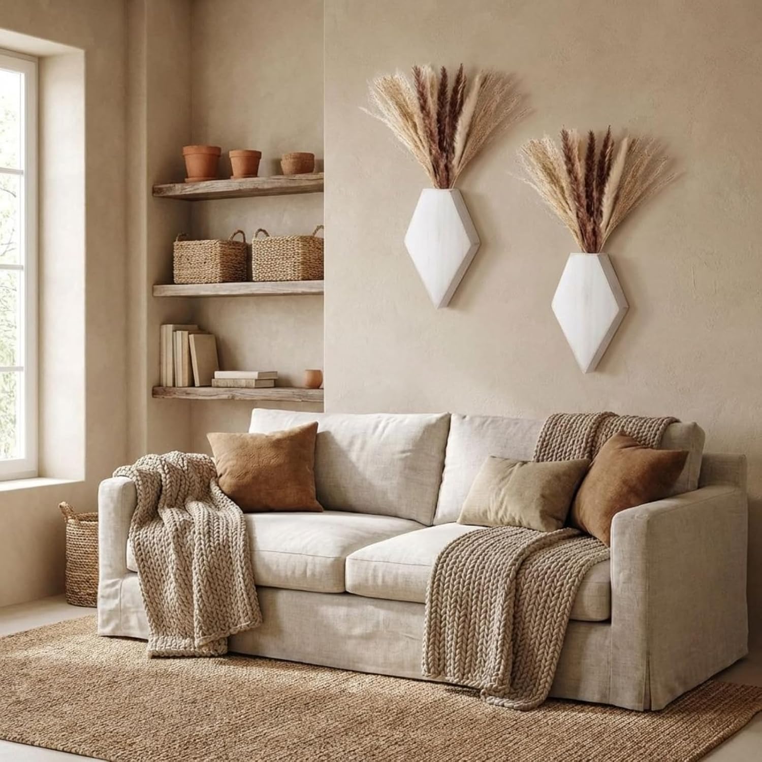 2 Pcs Bohemian Wooden Wall Planter Set with Pampas Grass Modern Farmhouse Wall Decor for Living Room, Bathroom, Bedroom, Office(White Distressed,Regular Style)