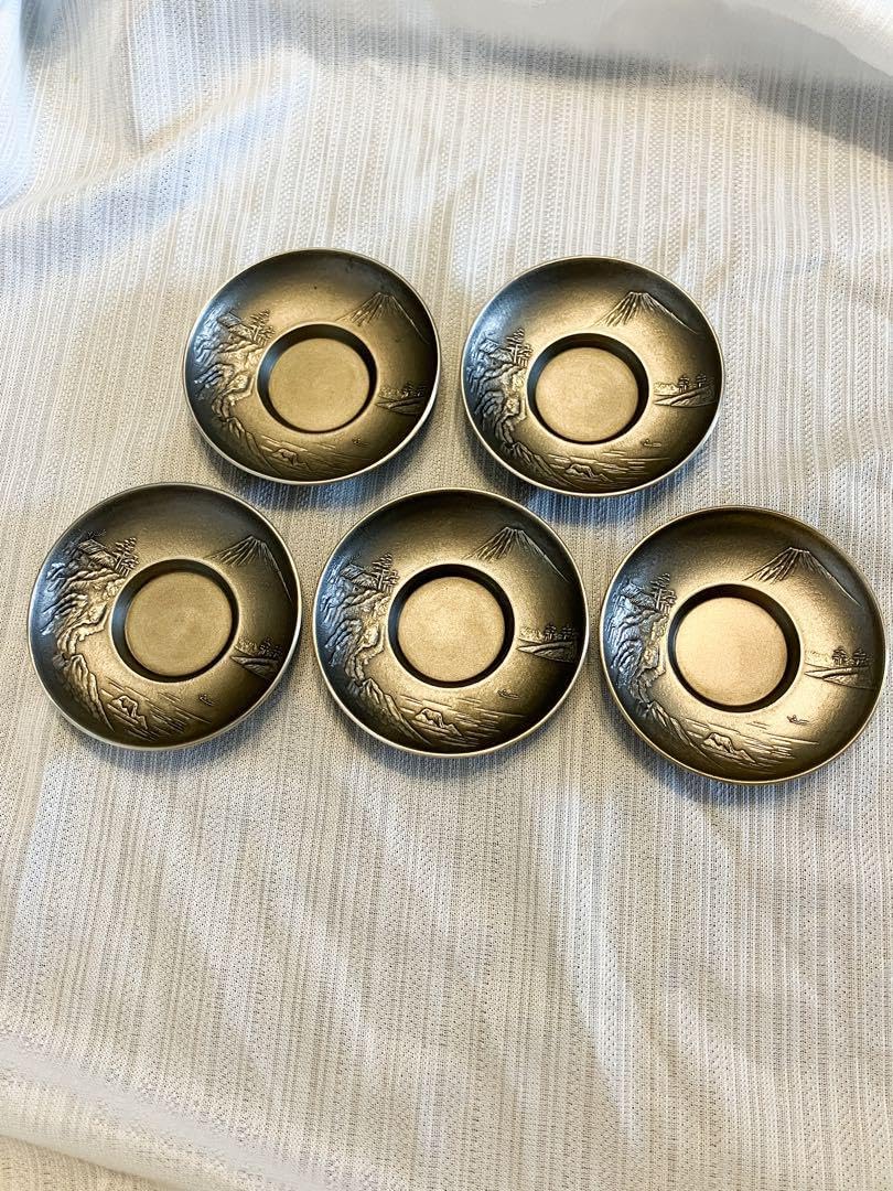 富士山の絵柄入り錫の茶托 高級茶器 5セット 茶托 高級