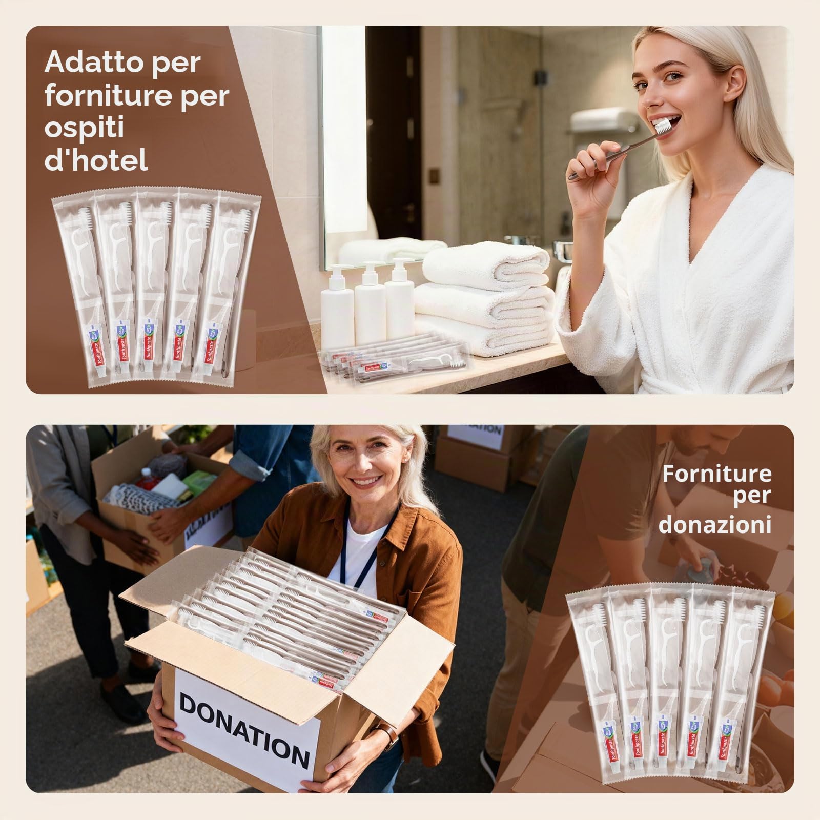 Spazzolino da denti usa e getta da viaggio, spazzolino e dentifricio, confezionato singolarmente, marrone, con plettri per filo interdentale, adatto per hotel, casa, campeggio, viaggi (confezione da