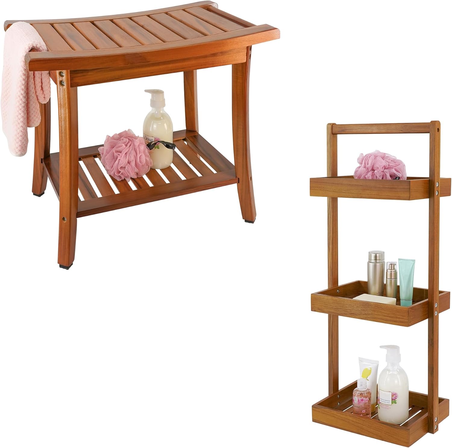 Utoplike Teak Shower Bench Seat with Handles, Teak Shower Caddy Corner 3 Tier Standing Shower Organizer Shelf