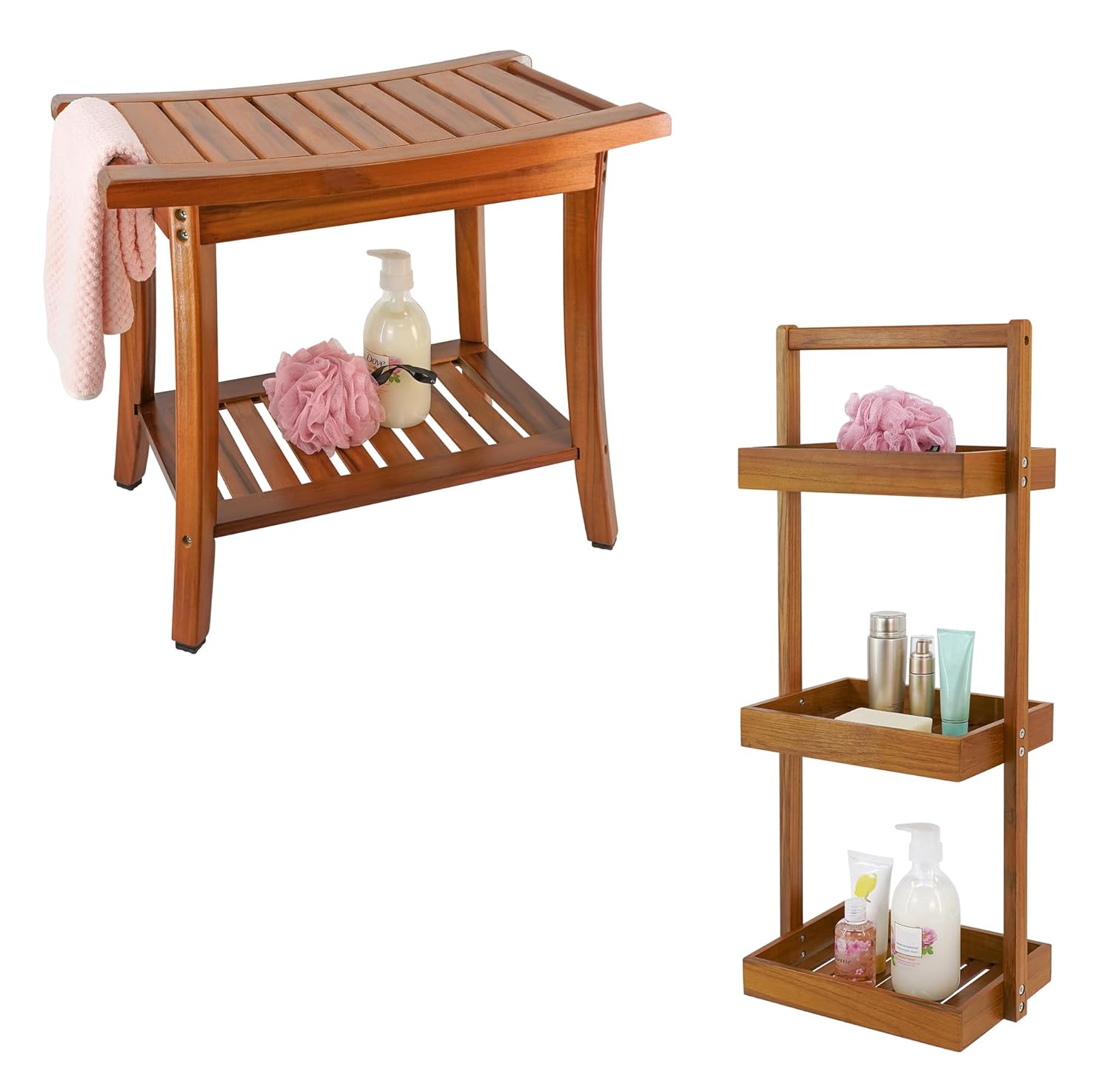 Utoplike Teak Shower Bench Seat with Handles Teak Shower Caddy Corner 3 Tier Standing Shower Organizer Shelf