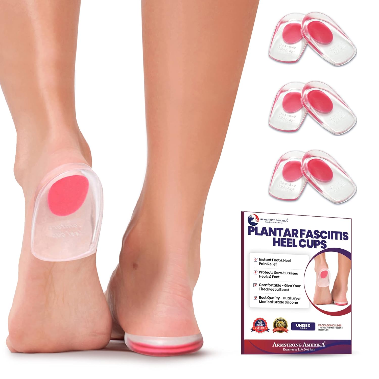 Heel Cups Plantar Fasciitis Inserts (3 Pairs) Silicone Heel