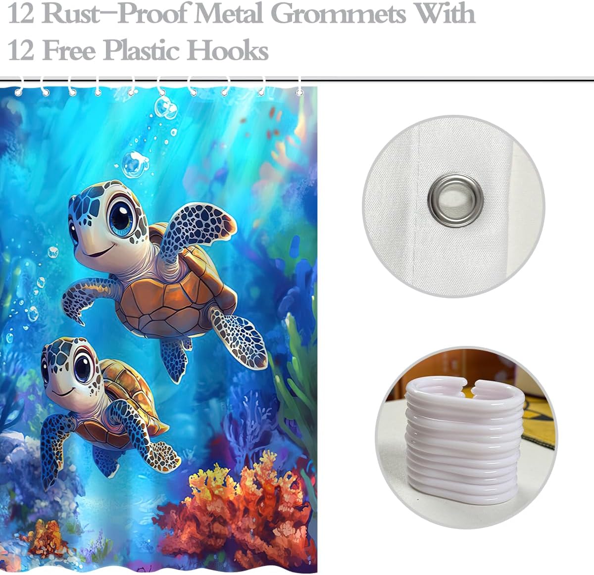 Funny Baby Turtle Shower Curtain, Under The Sea Coral Ocean Shower Curtain, Bathroom Decor Waterproof Fabric Shower Curtains Sets with 12 Hooks, 72x72 Inch image 3