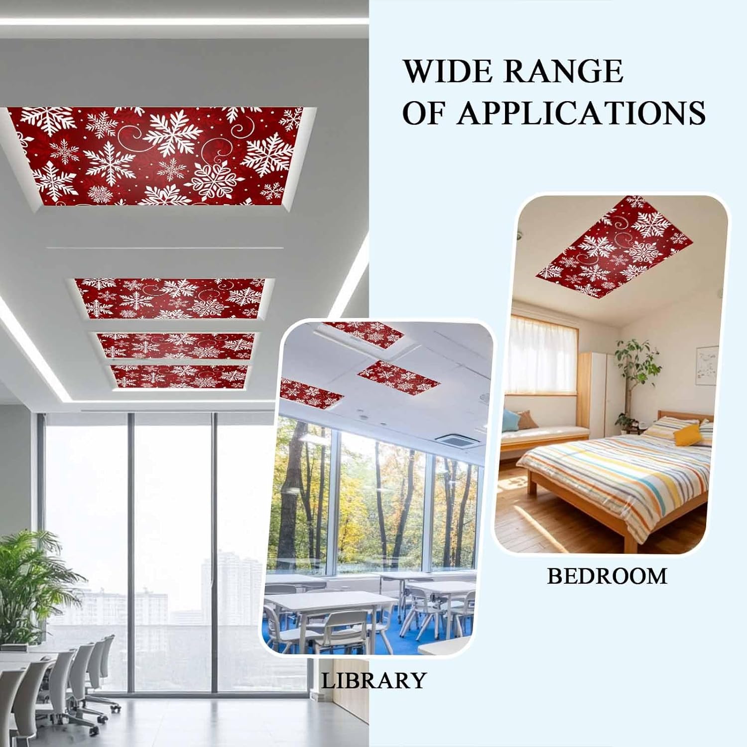 Christmas Fluorescent Light Cover Xmas Snowflakes White Magnetic Light Filters Snow Red Ceiling Light Covers for Classroom Office Home Drop Ceiling Lamp Decor 3 Pieces