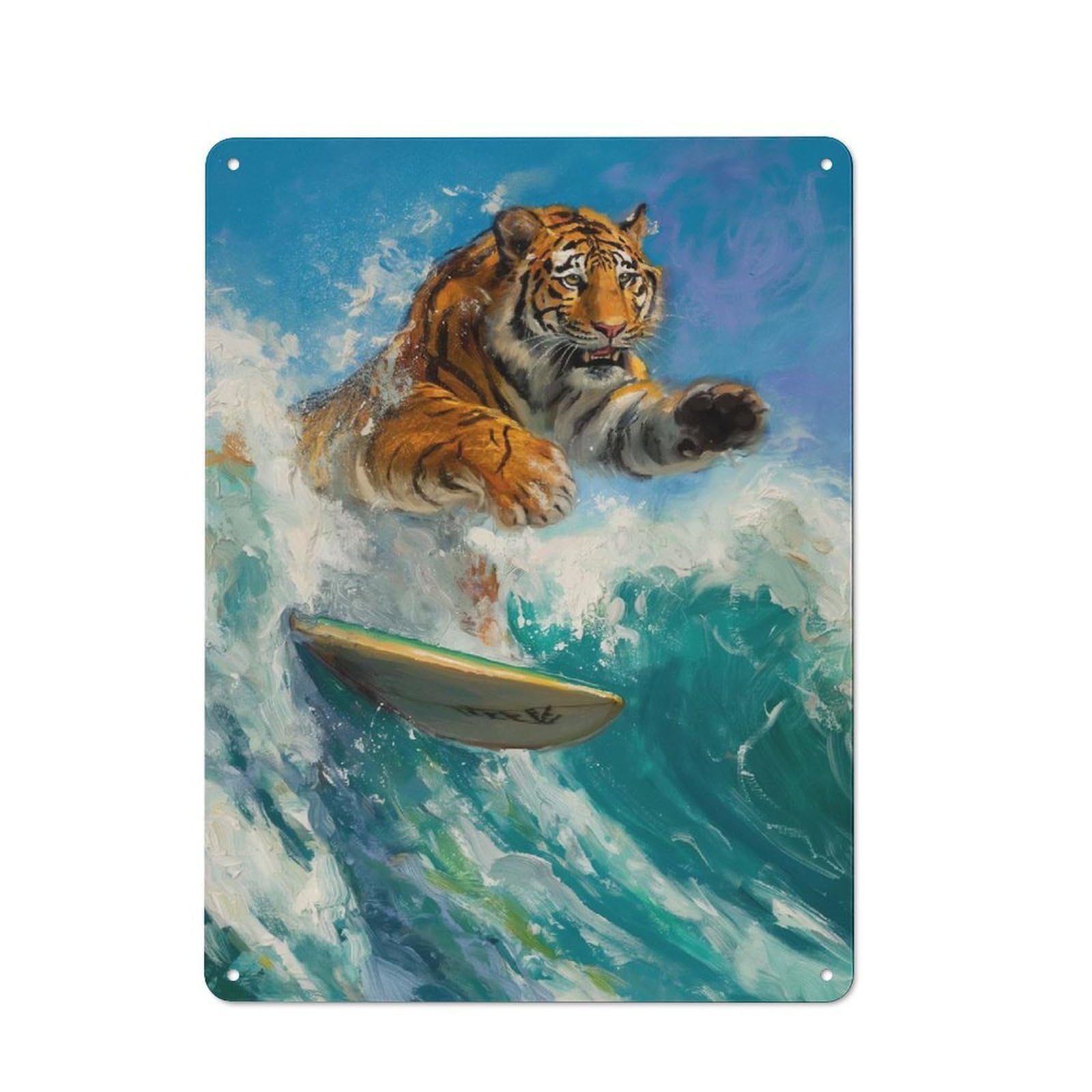 Junmoney Style-16 Tiger Surfer Surfing Waves Tin Sign 40X30cm For Pub Or Café, Retro-Style Wall Decor, For Garage, Workshop And Man Cave Decoration