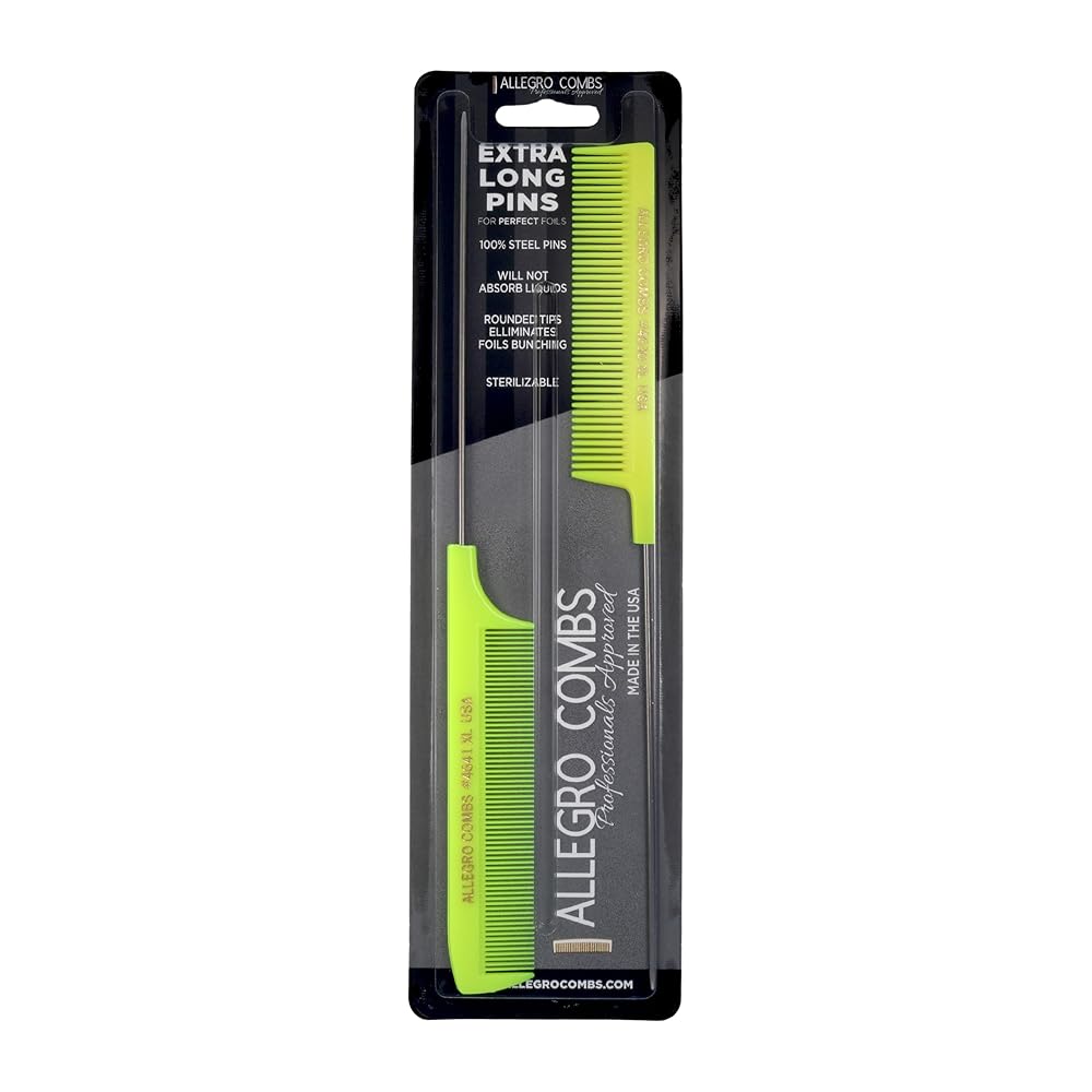 Allegro XL Pintail Rat Tail & Parting Combs - Metal Tail Foiling & Pin Combs for Stitch Braids - 2 Pc. (Neon Yellow)