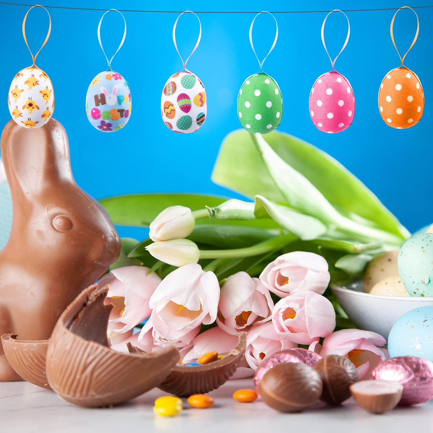 30PCS Easter Hanging Eggs with Dots-Fabric Wrapped Easter Egg-Easter Tree Hanging Ornaments for Party Spring Home Garden Decoration (Dot-Small)