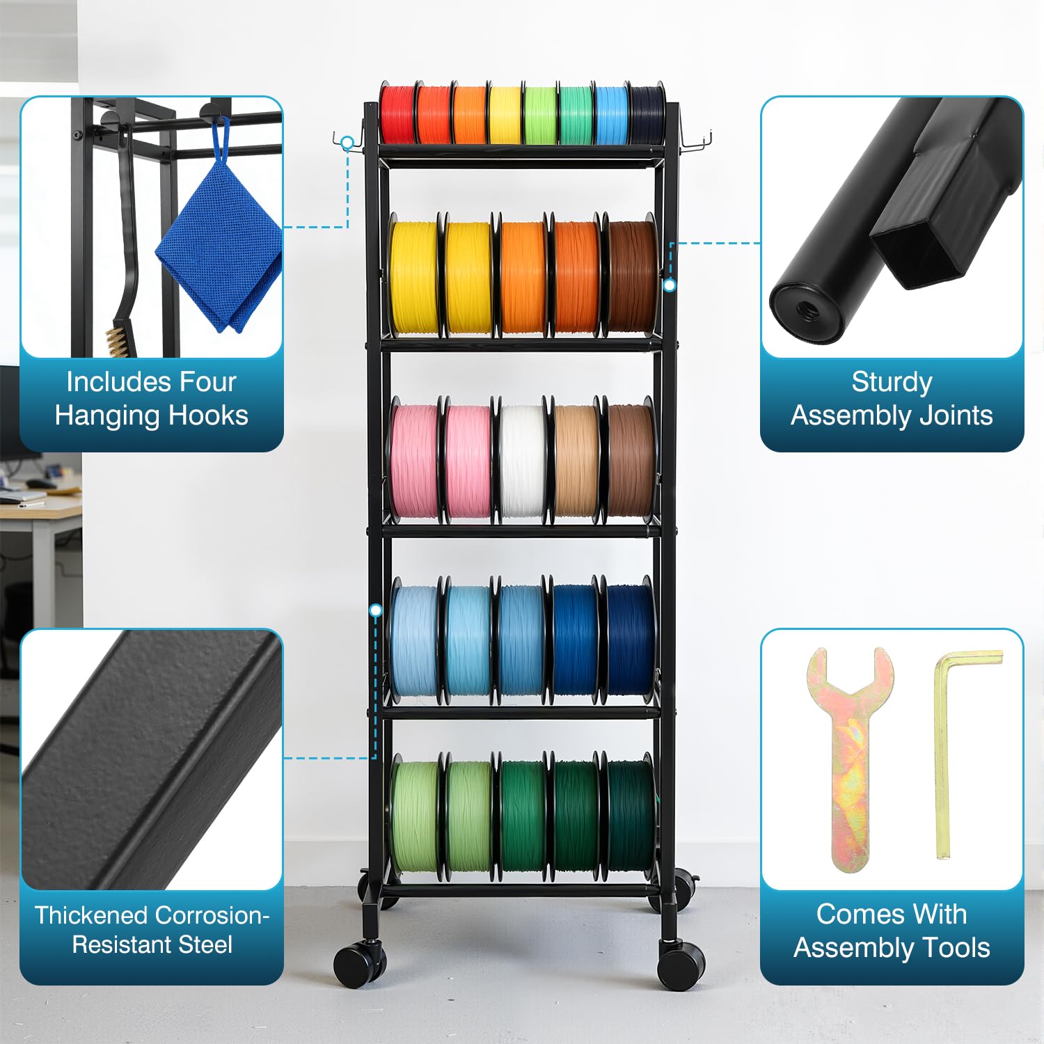 IRONWALLS 3D Printer Filament Rack, 18"-31" Length Adjustable 5-Tier 3D Printing Filament Storage Shelf Organizer with Wheel, 3D Printer Accessories, Holds Up to 55pcs 1kg Filament Spools (Shelf Only)