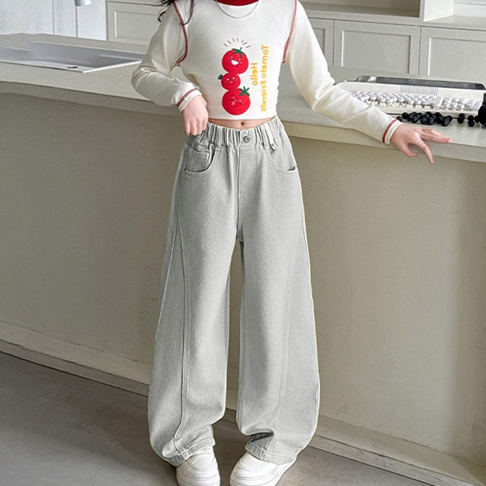 Jeans Wide Leg Pantalon Cargo Baggy Fille Millésime Jambe Large Jean Évasé Taille Haute Style Streetwear Y2K Décontracté Casual Poches Noir 10 Ans Vêtement De 3-16