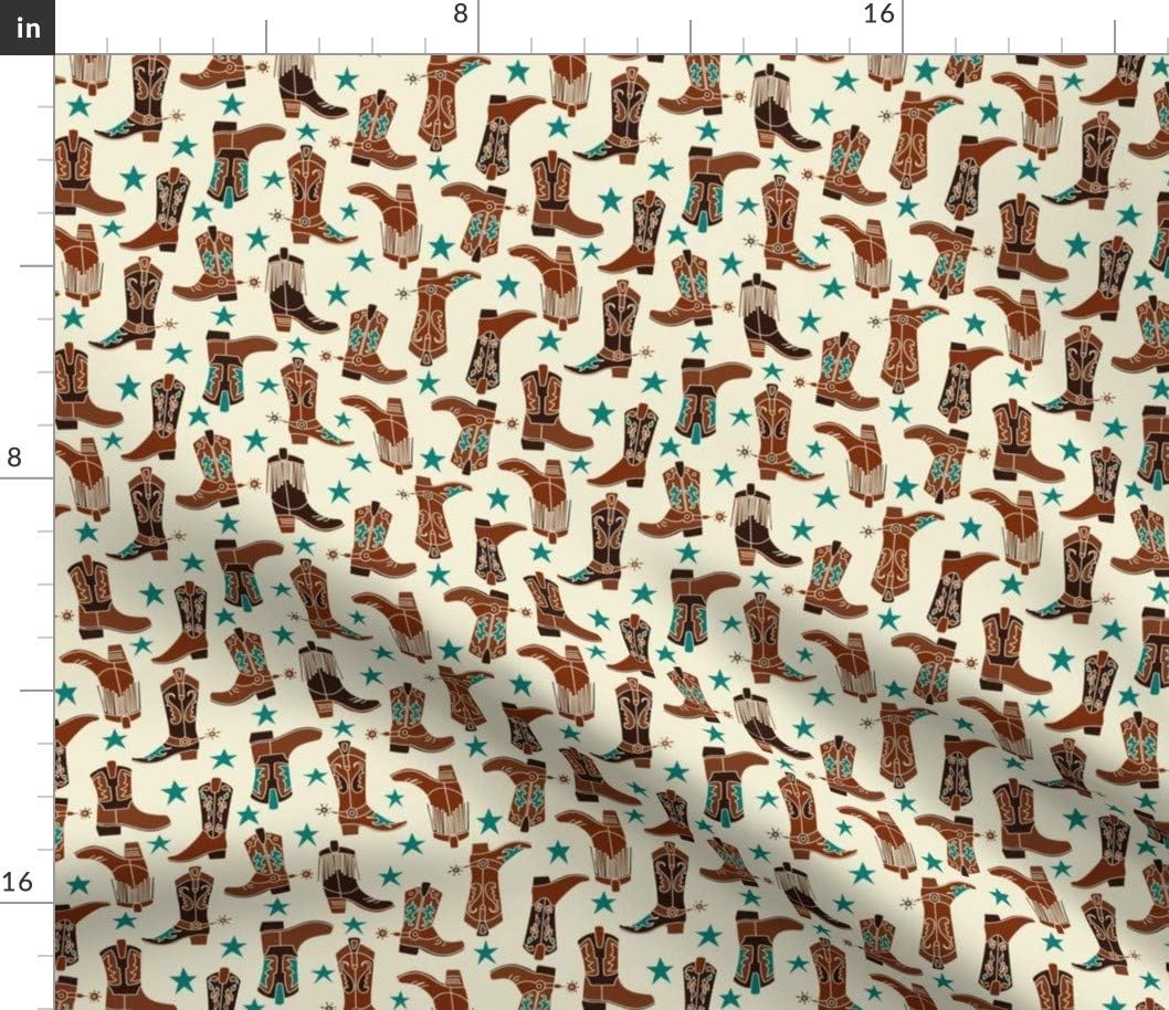 Spoonflower Fabric - Western Boots Cream Cowboy Cowgirl Blue Stars Neutral America Nursery Printed on Petal Signature Cotton Fabric by The Yard - Sewing Quilting Apparel Crafts Decor