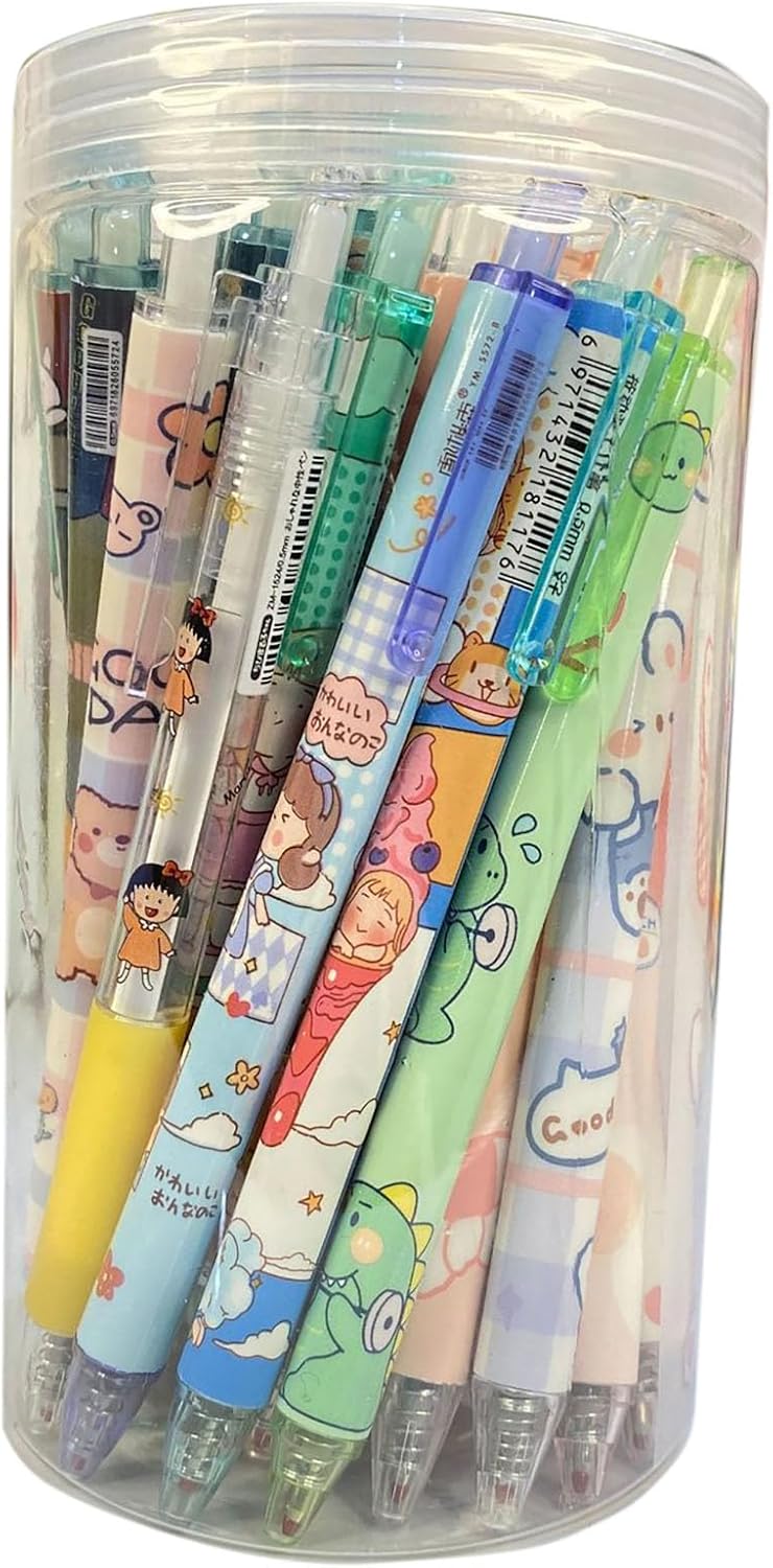 Yansanido Cute Click Pens With Pen Holder, 50 Pcs 0.5mm Black Ink Random Kawaii Gel Pens for Office, Gift and Home Supplies (50)