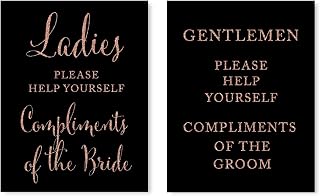 Andaz Press Wedding Party Signs, Faux Rose Gold Glitter on Black, 8.5x11-inch, Ladies Gentlemen Bathroom Basket Compliment of Bride Groom, 2-Pack