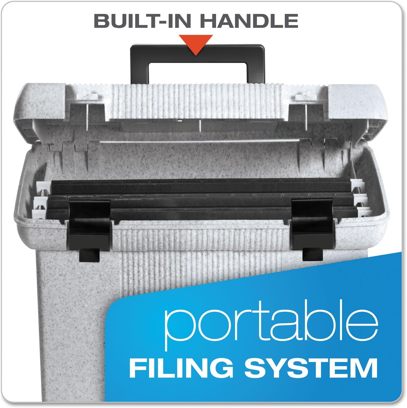 Pendaflex Portable File Box with File Rails, Hinged Lid with Double Latch Closure, Black, Includes 3 Letter Size Hanging Folders (41732)