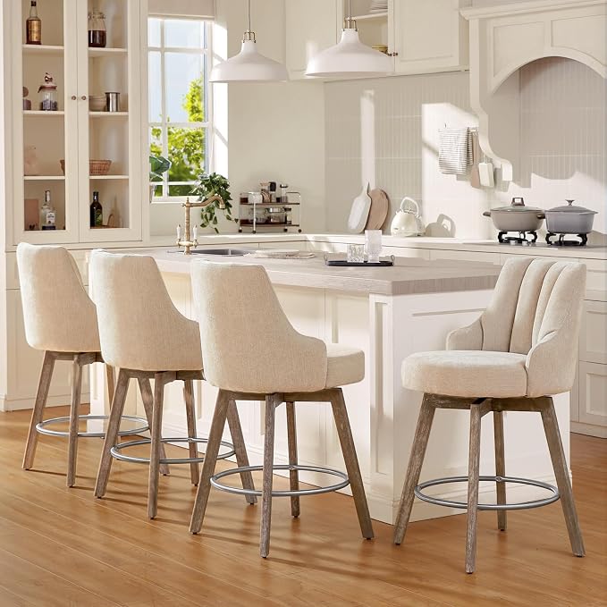 Swivel Counter Height Bar Stools,Barstools with Backs,Sand-Colored Bar Stools Set of 3,26'' Solid Wood Legs,Linen Fabric Thickened Seat Cushion Bar Stools