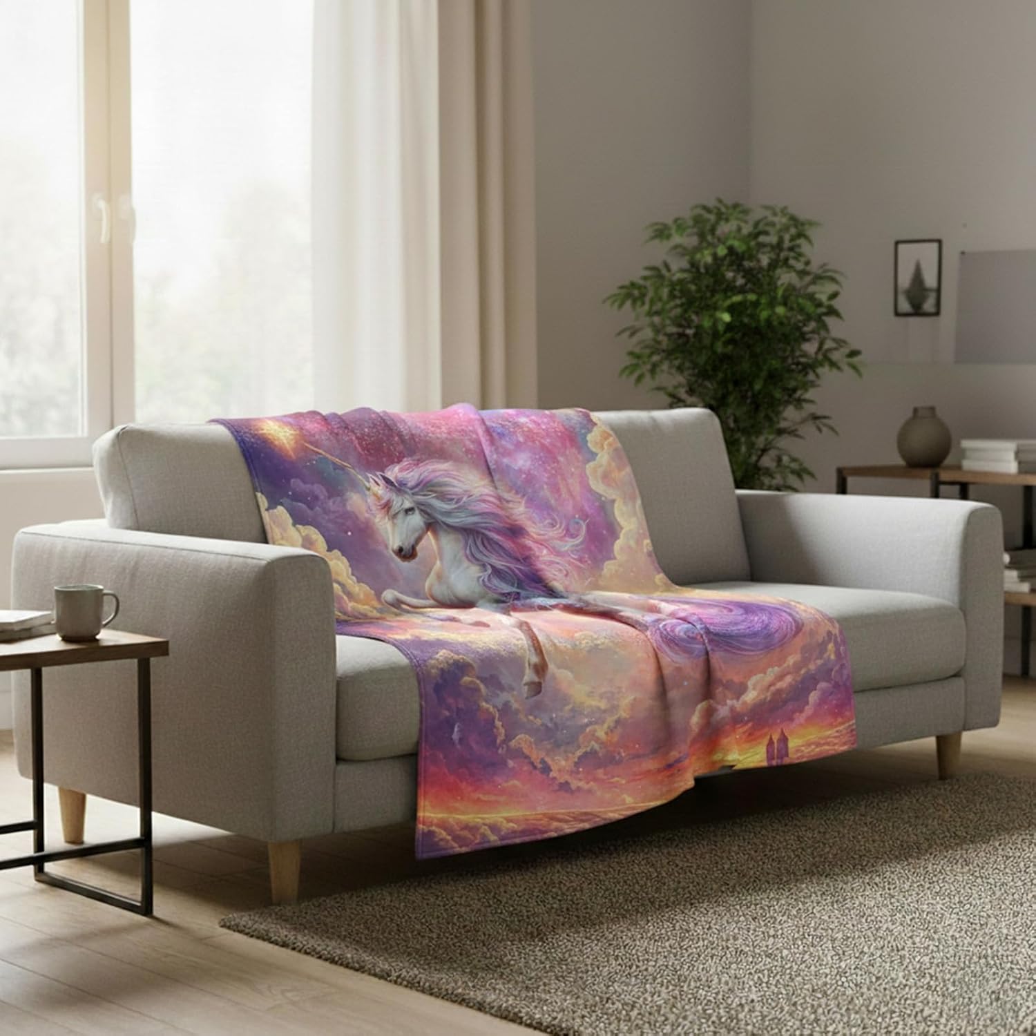 kampdream Unicorn Dream Flannel Blanket, Galaxy Unicorn Running on Clouds, Super Soft and Warm for Couch Sofa Living Room Unique Gift for Daughter Girls Family Pink 50×60 inch