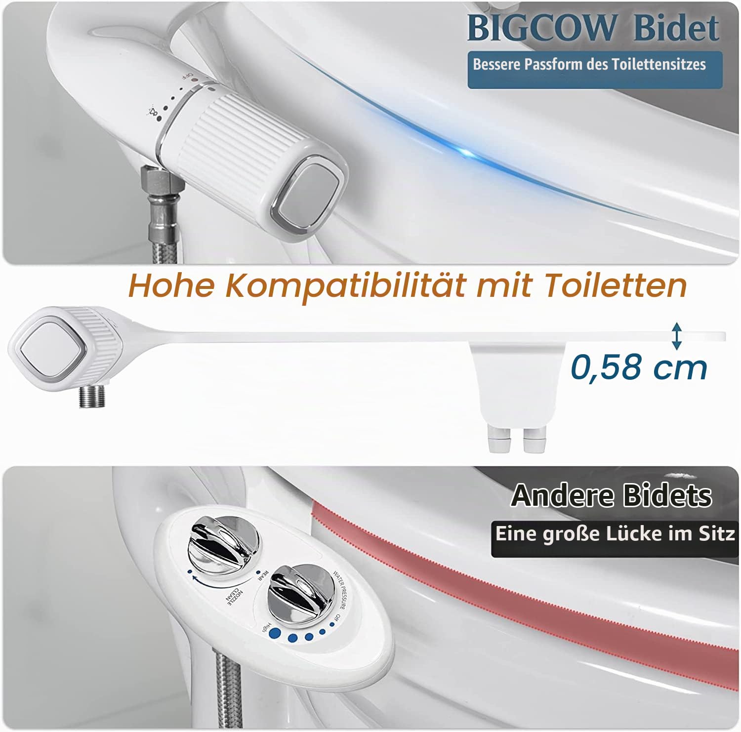 BIGCOW Bidet Aufsatz,Ultra-Slim Bidet Einsatz Für Toilette nicht elektrischer Doppeldüse (Front- und Heckwäsche)