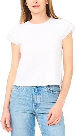 CeCe Womens Cotton Double Ruffle Sleeve Knit Top