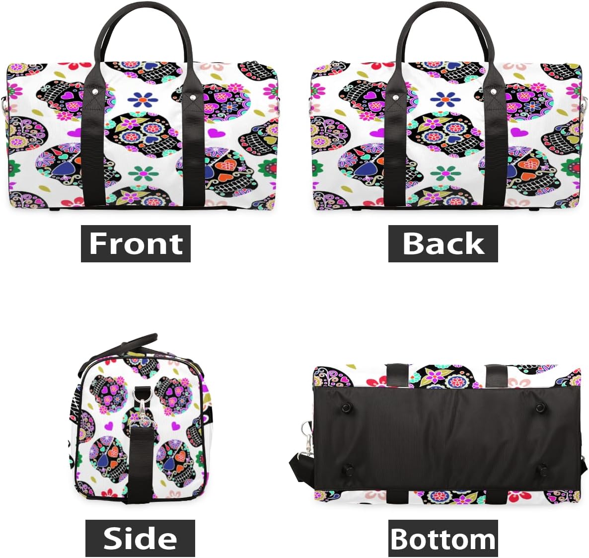 Sugar Skull Heart Flower Travel Duffel Bag for Women Men Large Capacity Overnight Weekender Bags for Lightweight Waterproof Sport Gym Bag for Workout Yoga Swim