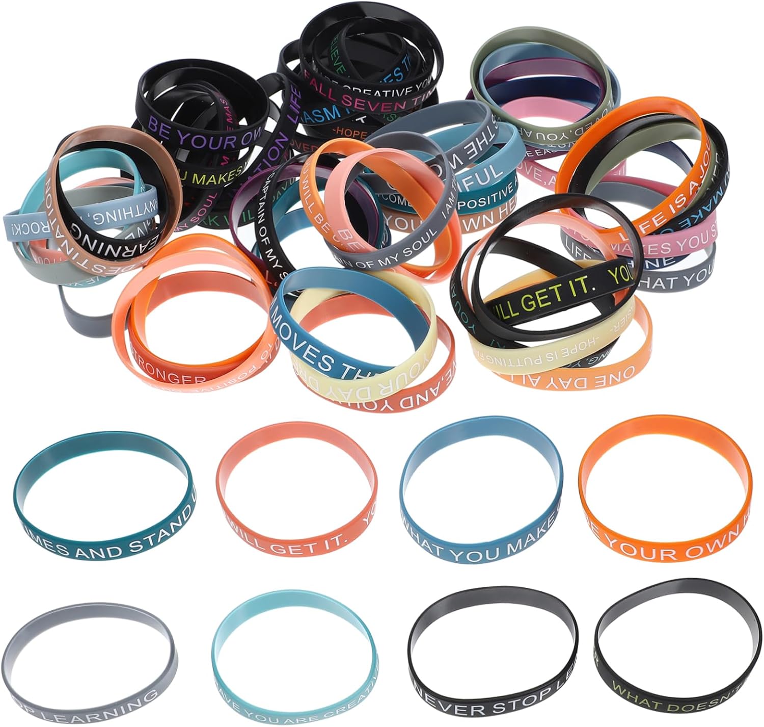 GALPADA 100pcs Motivational Quote Wristbands Unisex Colorful Silicone Elastic Bracelets for Teens Inspirational DIY Wristbands for Self-Motivation and Party Favors