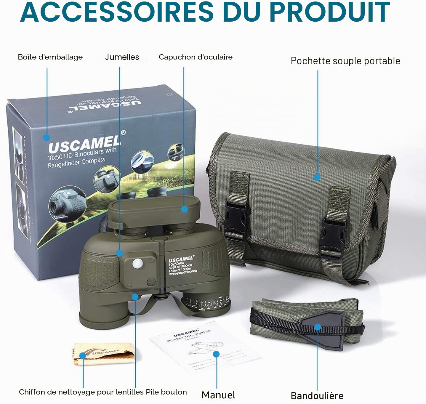 USCAMEL Jumelles 10X50 de Portée avec Boussole Binoculars, Haute Puissance, Haute Définition