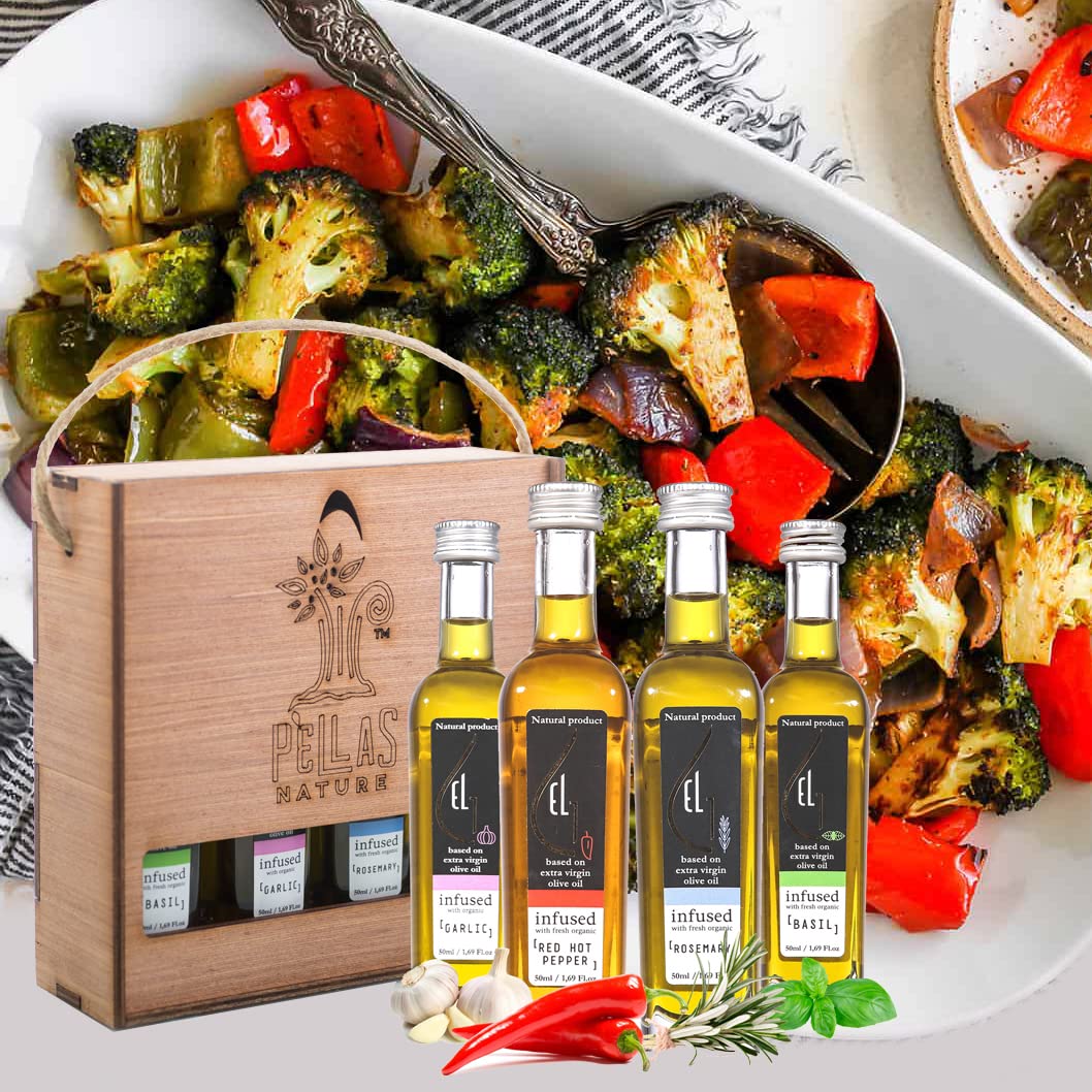 Pellas Nature, Organic Herb Infused Greek Extra Virgin Olive Oil, Flavors Basil, Garlic, Red Pepper, Rosemary, Gift Set, 4X1.7 oz Bottles, 1 Pack