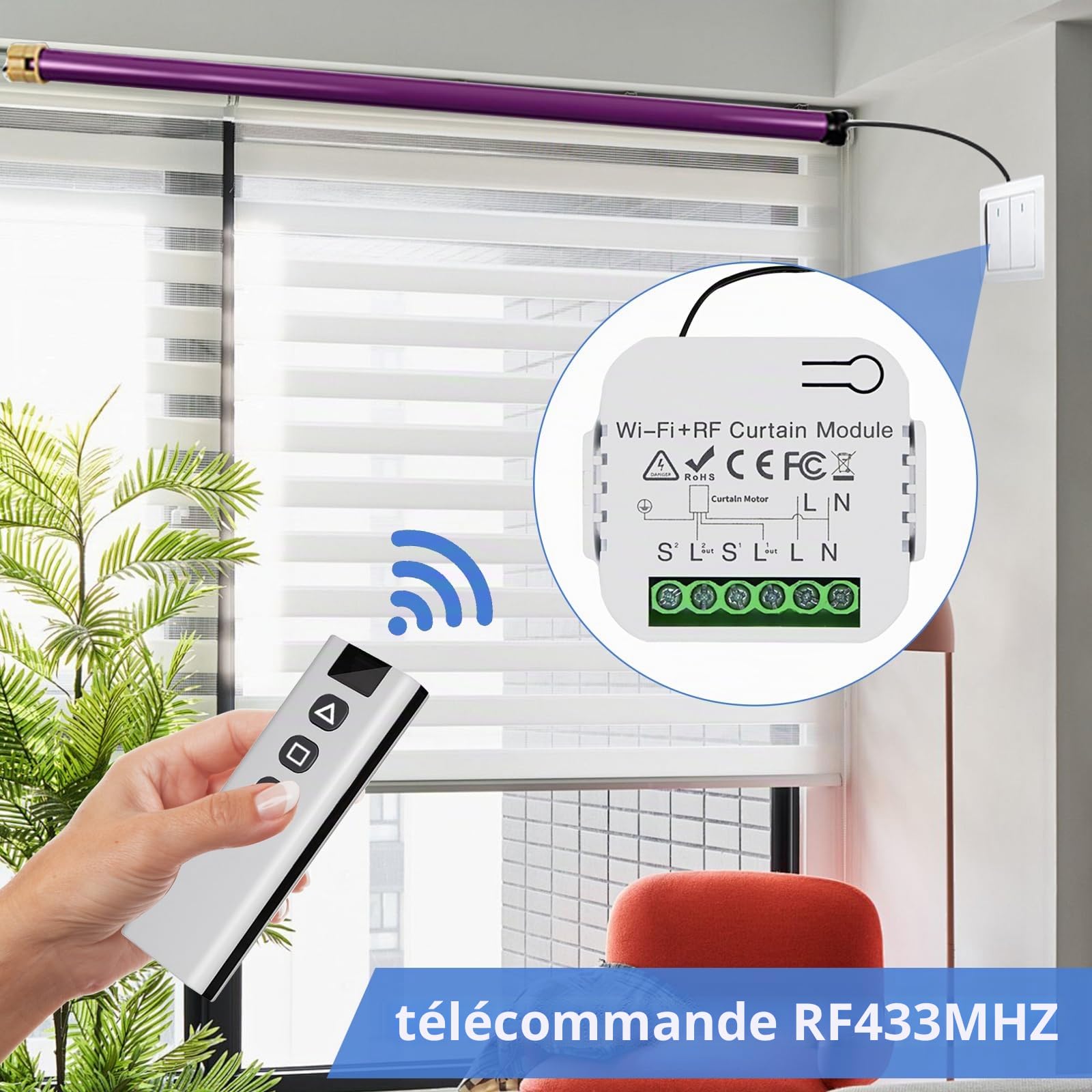 Kit de commande de volet roulant sans fil, télécommande avec module WIFI-RF et module de récepteur, interrupteur sans fil pour volets roulants, stores, application Wi-Fi Tuya compatible avec