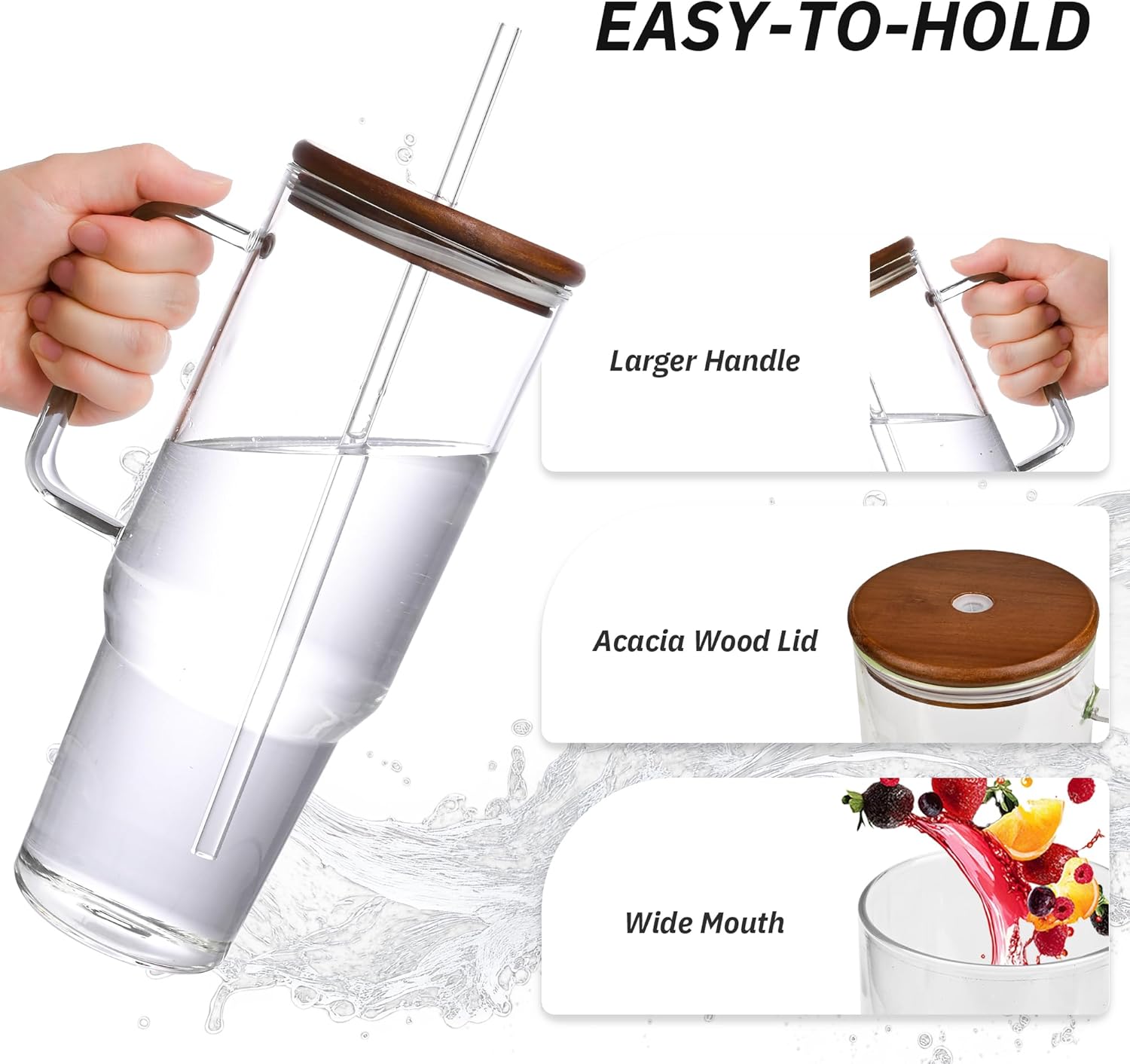 49oz Glass Tumbler with Acacia Wood Lid & Dual Straws, Large Cup with Handle and Straws Glasses Water Bottle Mason Jar Wide Mouth Iced Coffee Cups Travel Mug for Water,Juice,Smoothie,Bubble Tea,Soda - Image 3