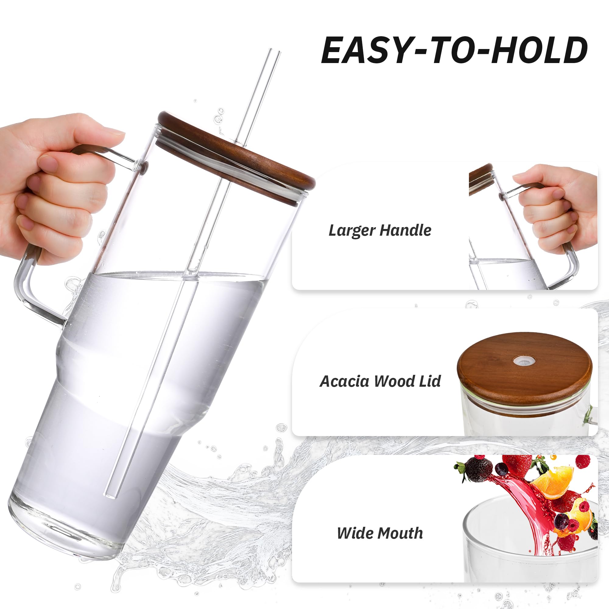 Tazza in vetro da 1,4 l con coperchio in legno di acacia e cannucce, grande bicchiere con manico e cannucce, bottiglia d'acqua a bocca larga, tazze da caffè ghiacciato, tazza da viaggio per acqua