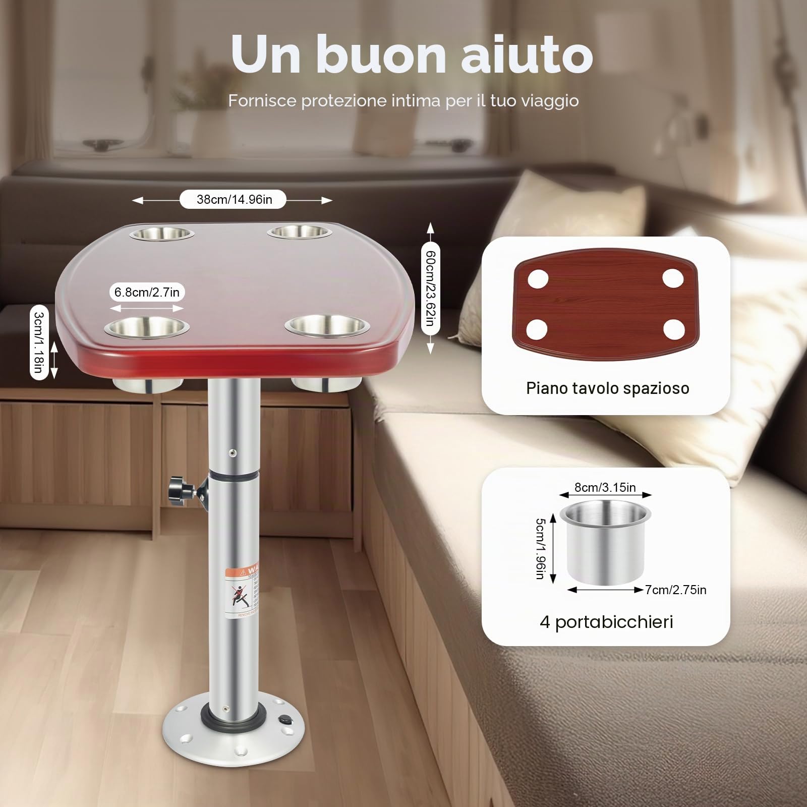 Tavolo da barca, pieghevole, con piedi, 4 portabevande telescopico, per barca marina, camper, 600 x 380 mm, in rovere laccato