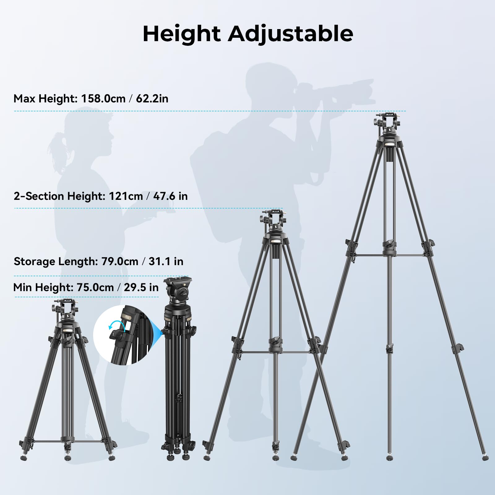 SMALLRIG Treppiede Video Leggero con Testa Fluida a 360°, Treppiede per Fotocamera in Lega di Alluminio con Piastra QR, Cordoncino ad Azione Rapida Montato al Centro, Carico Fino a 5 kg, AD-50-4684