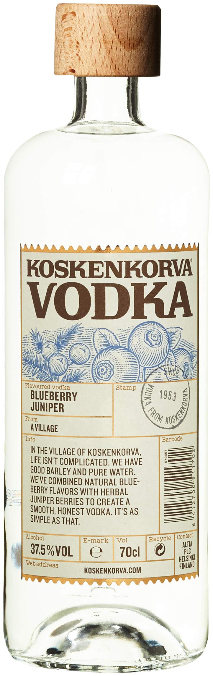 Koskenkorva Blueberry Juniper Vodka 70cl, 37.5% ABV, Sweet, Subtle, Blueberry & Juniper Infused Vodka, Made in Finland
