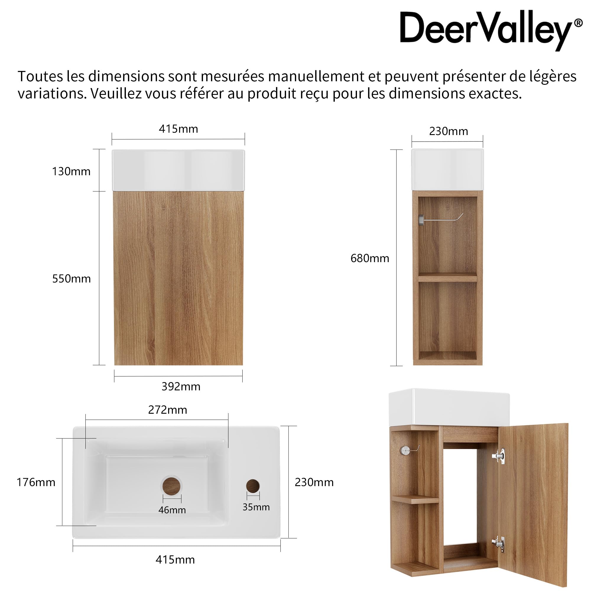 DeerValley Meuble Lave Main WC sous Vasque Suspendu - Meuble de Rangement Salle de Bain avec Lavabo, Petit Meuble Blanc pour WC