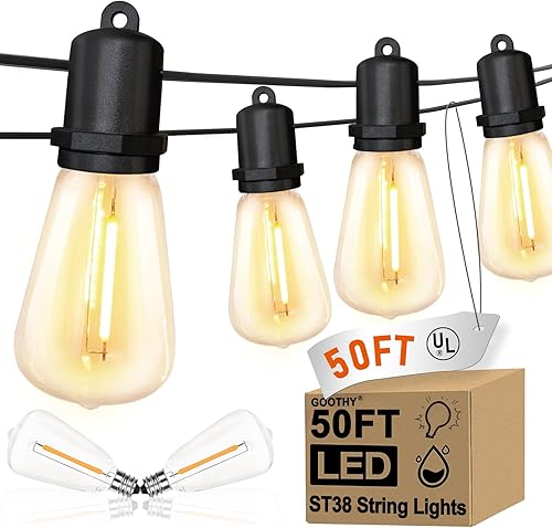 GOOTHY Guirnalda de luces LED para exteriores de 50 pies para patio al aire libre con 27 bombillas Edison vintage ST38 inastillables, decoración de