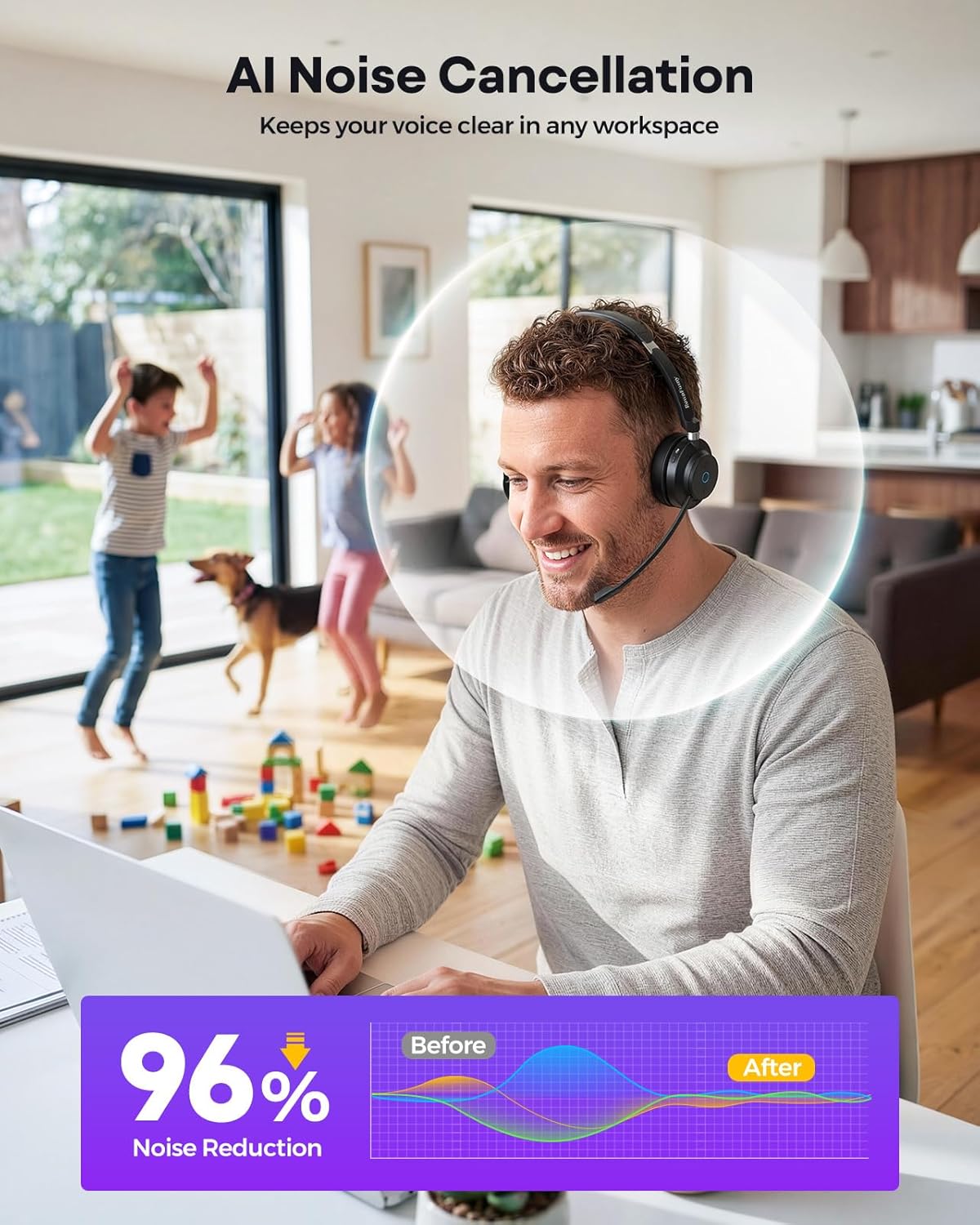 Wireless Headset with Mic for Work-Bluetooth Over Ear Headphones with Microphone,Noise Cancelling with Mute & USB Dongle for Computer/Phones/Remote Work/Call Center,Lightweight All Day Comfort - Image 4