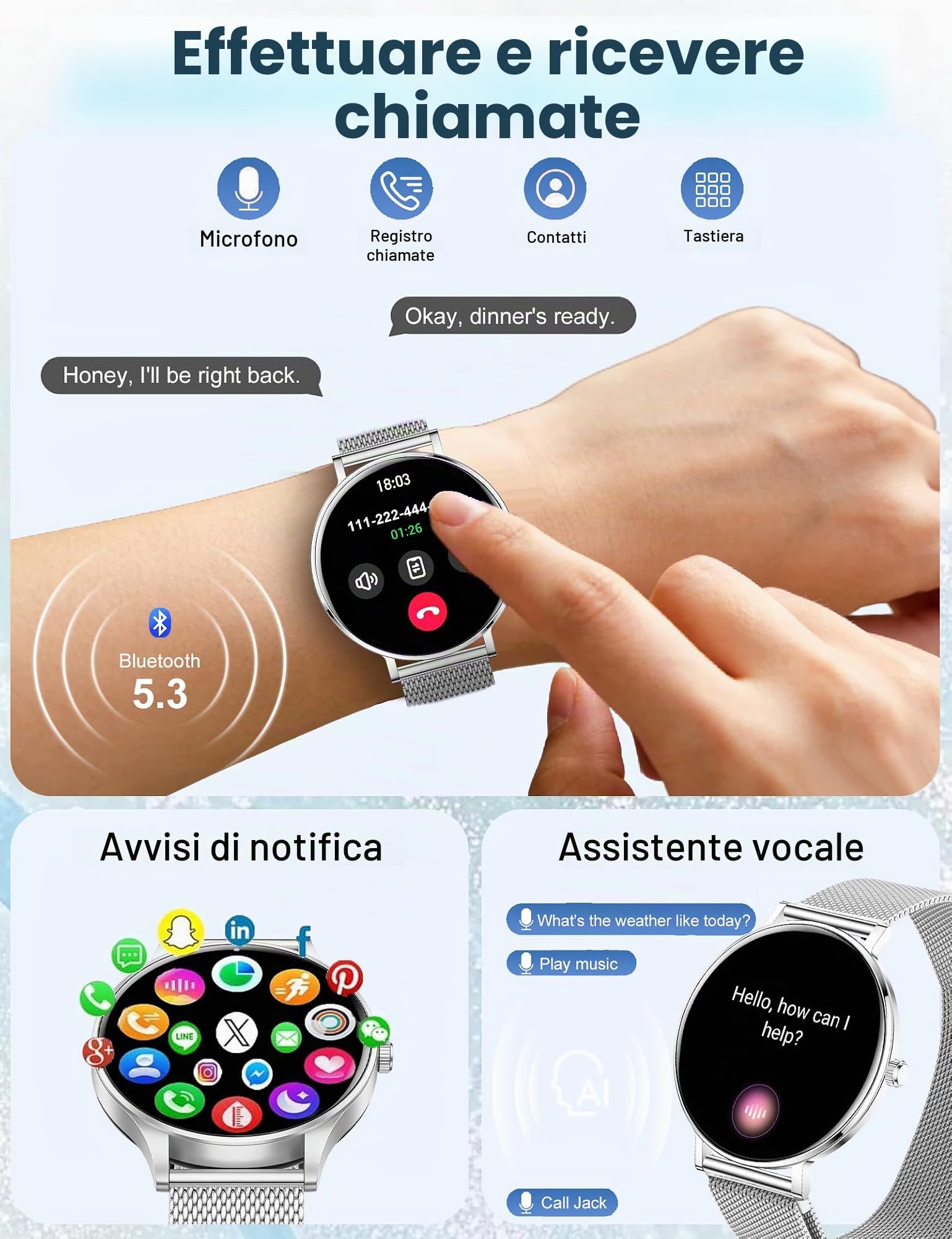 Smartwatch Donna Uomo,1.32" AMOLED Display Smart Watches,8mm Ultra Sottile,7 Giorni di Batteria,Chiamate BLE5.3,Frequenza Cardiaca,Sonno,Contapassi,IP68 Orologio Fitness per Android/iOS Argento
