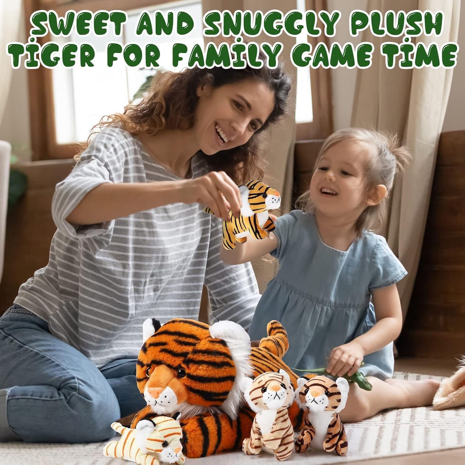 Threan 5 Pcs Tiger Stuffed Animals Plush Toy Set 16 Inch Stuffed Mommy Tiger with 4 Baby Cubs in Zippered Belly Cuddly Plushies for Kids Boys Girls Easter Forest Birthday Graduation Party(Cute)