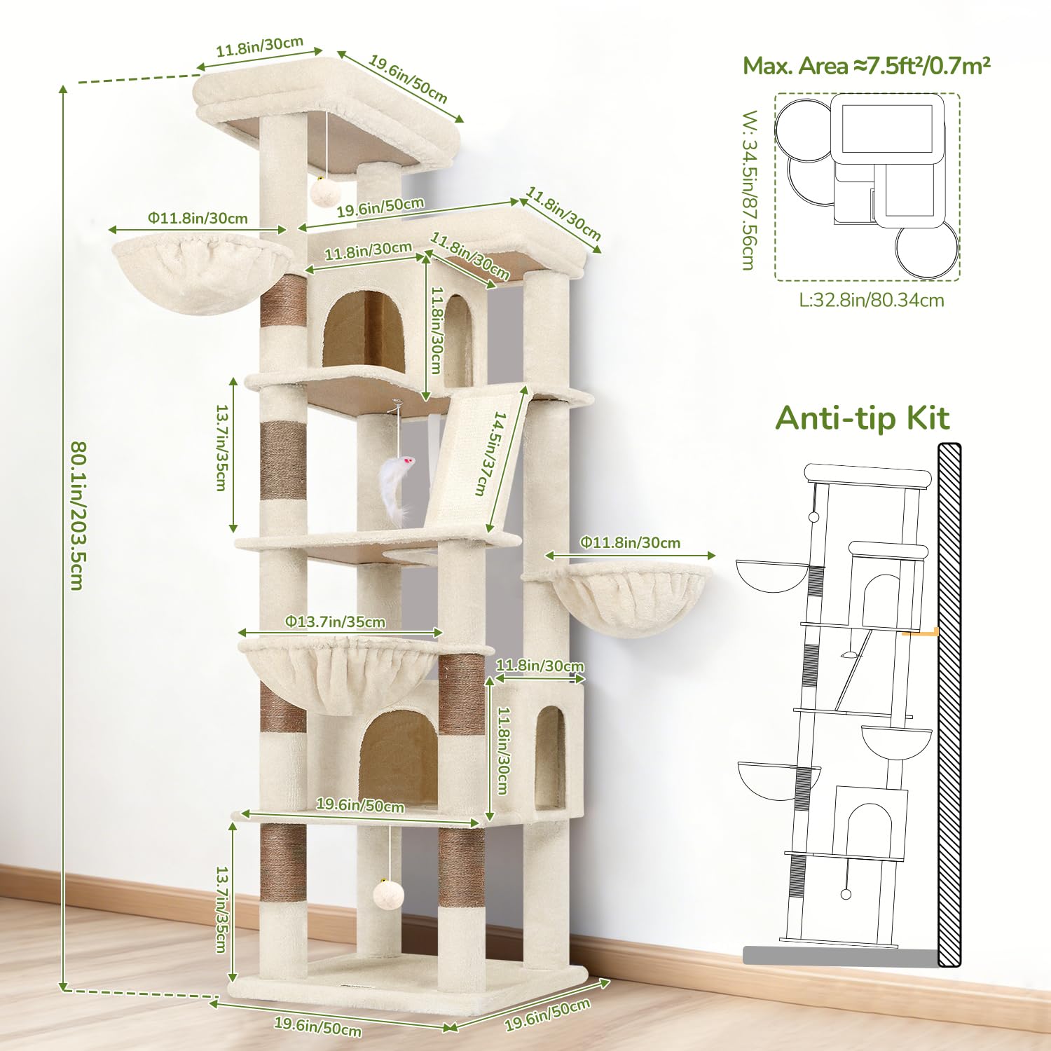 Globlazer Arbre à Chat Beige XXL Grand 204 cm avec 2 Immense Rembourrés Plateforme 50*30CM, 2 Grand Niches, 3 Doux Paniers, Planche Sisal, Stable Arbres a Chats pour 3-5 Chats Intérieur (S80G, Beige)