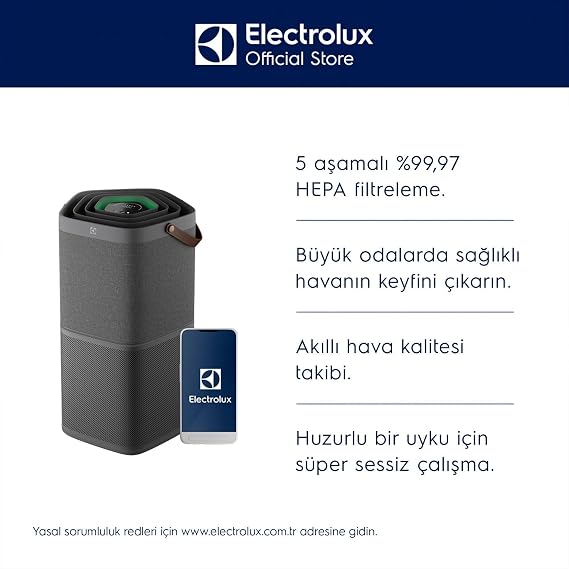 Electrolux Pure 600 EPO60571DG Hava Temizleyici | 5 Aşamalı HEPA 13 Filtreleme, 360° Hava Girişi, Lazer Sensörlü Akıllı Hava Kalitesi İzleme, Sessiz Mod | Gri