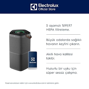 Electrolux Pure 600 EPO60571DG Hava Temizleyici | 5 Aşamalı HEPA 13 Filtreleme, 360° Hava Girişi, Lazer Sensörlü Akıllı Hava Kalitesi İzleme, Sessiz Mod | Gri