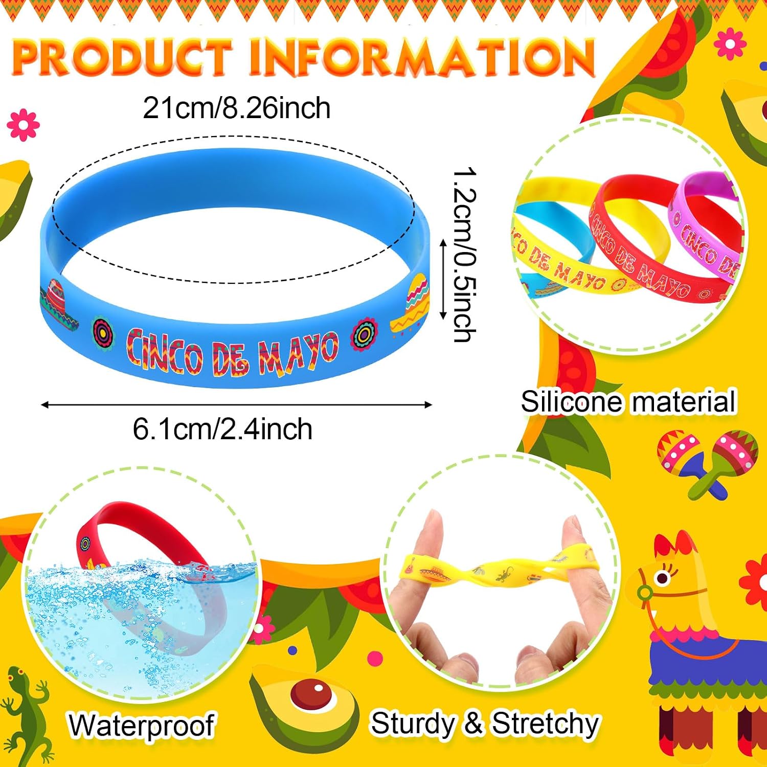 Xinnun Mexican Fiesta Rubber Bracelets Cinco De Mayo Fiesta Party Silicone Wristbands with Taco Cactus Piñata Maracas Pattern for Cinco De Mayo Party