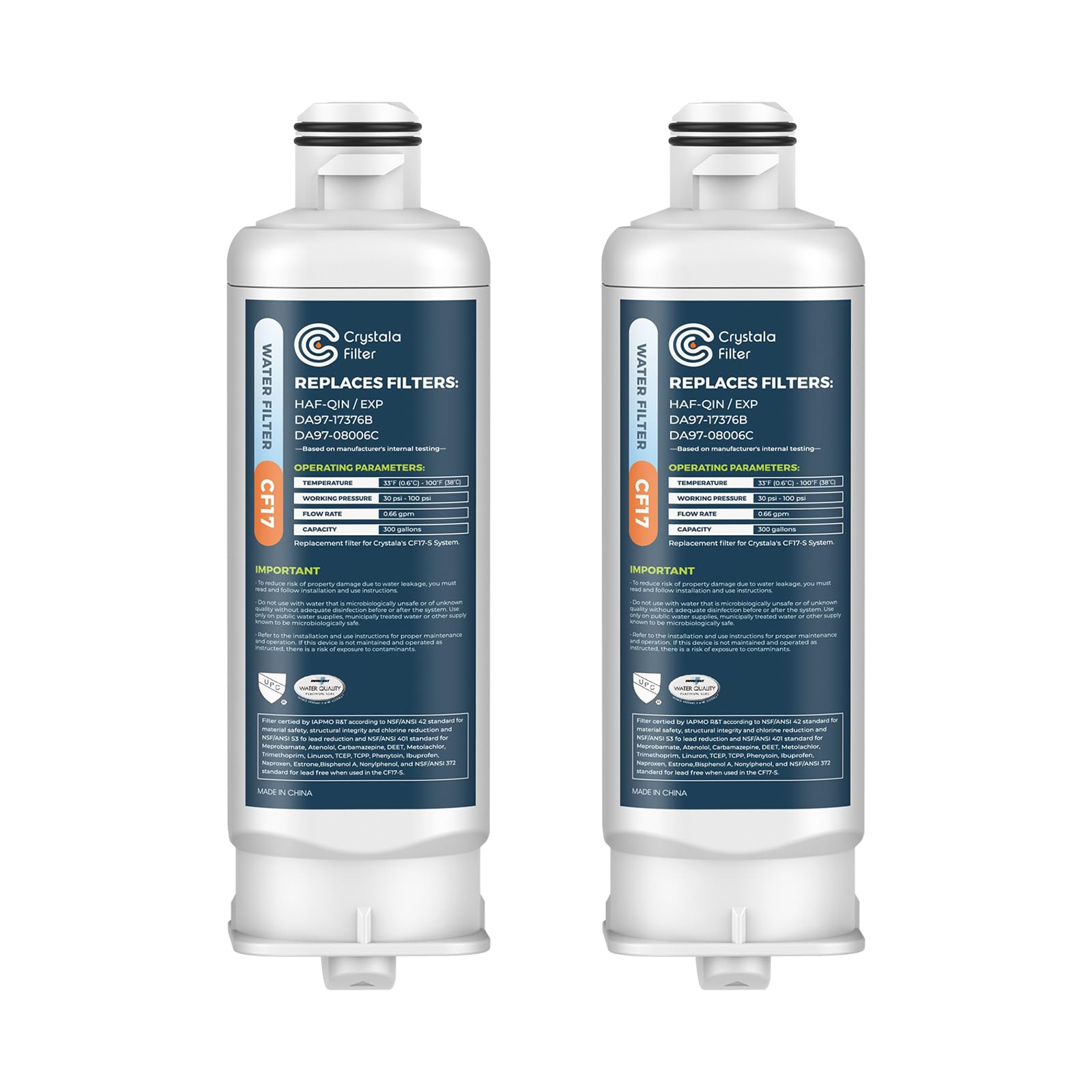 Crystala FiltersCF17 Water Filter, NSF 42 Certified, 2 Pack for Samsung HAF-QIN, DA97-17376B, RF23M8070SG etc.ClimatePartner certified