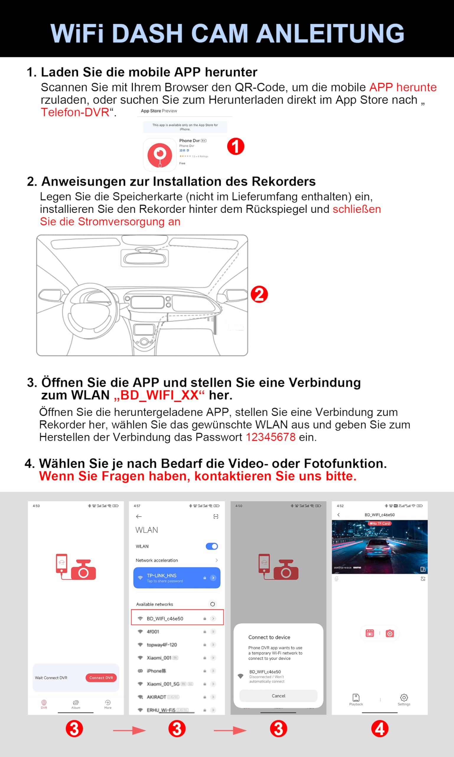 Dashcam Caméra Tableau Bord WiFi 2K Avant Voiture, Caméra Voiture 1296P Surveillance Stationnement, ADAS, Super Vision Nocturne, WDR, Grand Angle 170°, Capteur G, Enregistrement Boucle, Contrôle APP