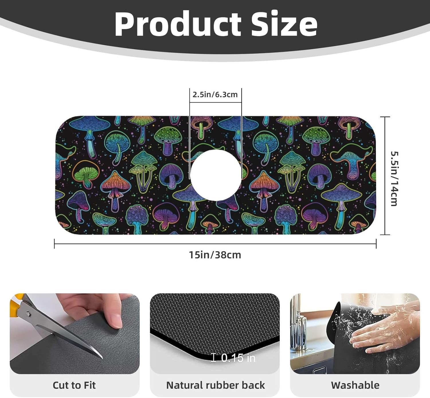 Cool Mushroom Mushrooms Kitchen Sink Splash Guard Faucet Mat Super Absorbent Fast Drying Mat Sink Gadgets-Fast Drying Pad Sink Mat For Kitchen Bathroom (15" X 5.5" ) image 2